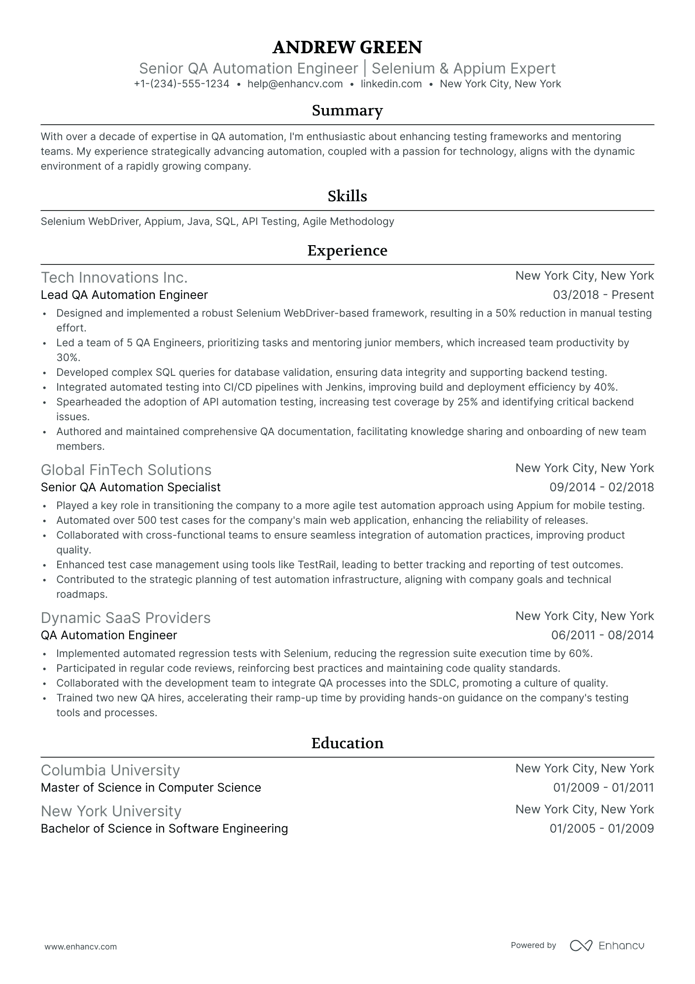 resume for qa automation tester sample