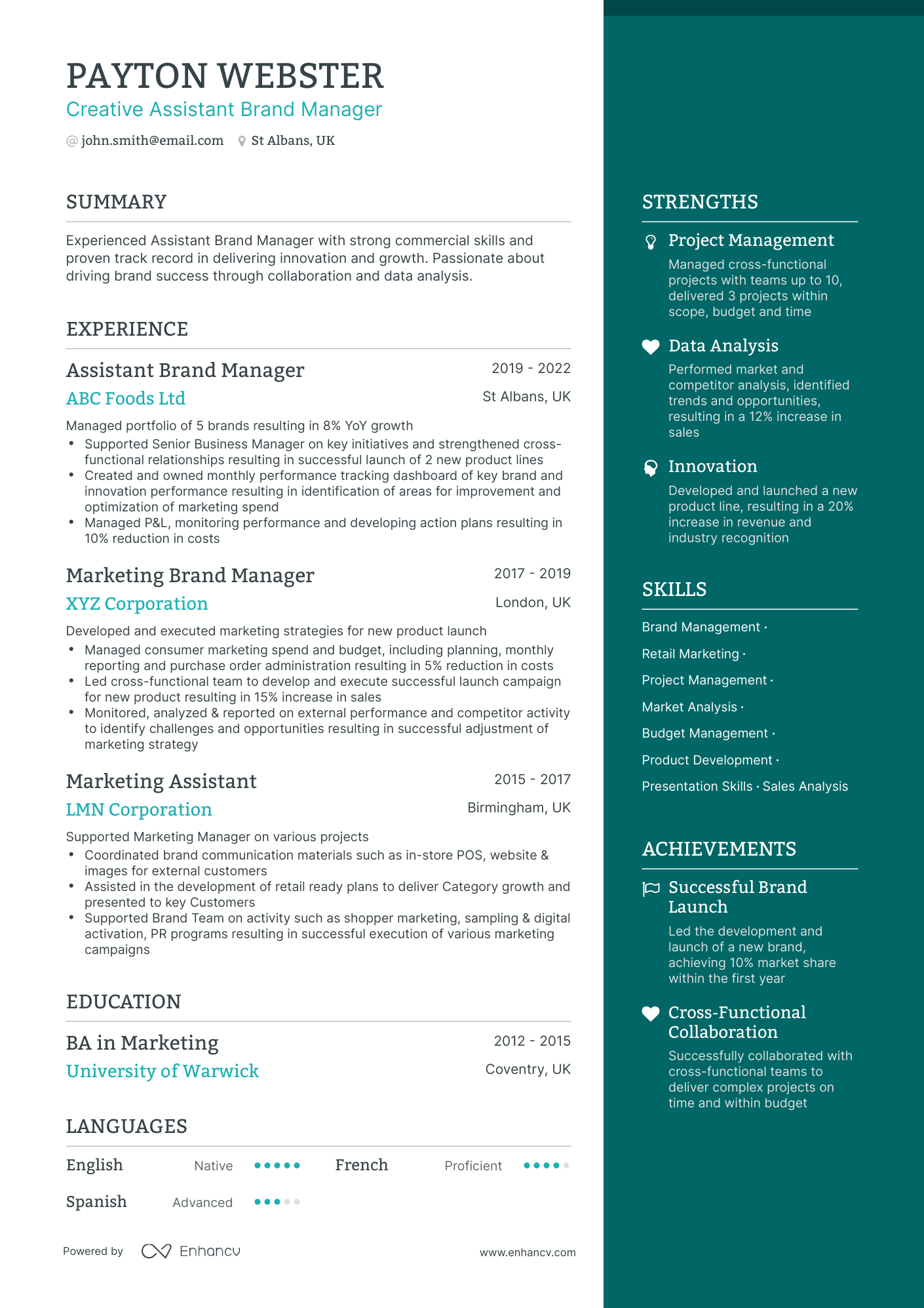 One Page Assistant Brand Manager Resume Template