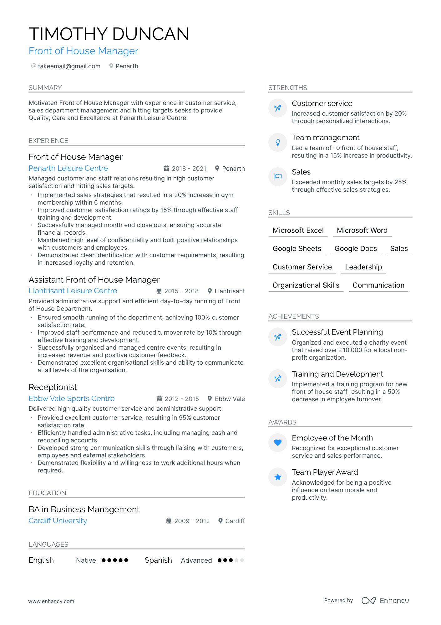 A resume example of a Front Of House Manager