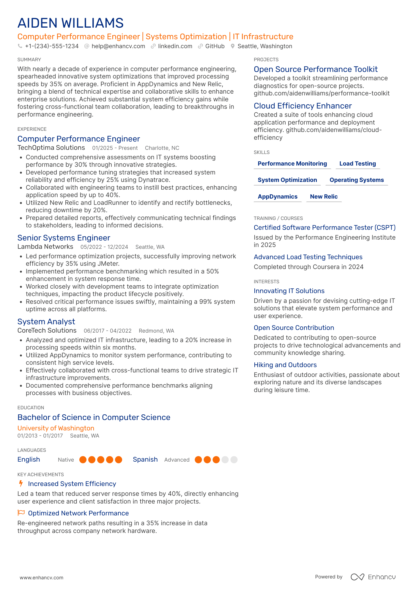 A resume example of a Computer Performance Engineer
