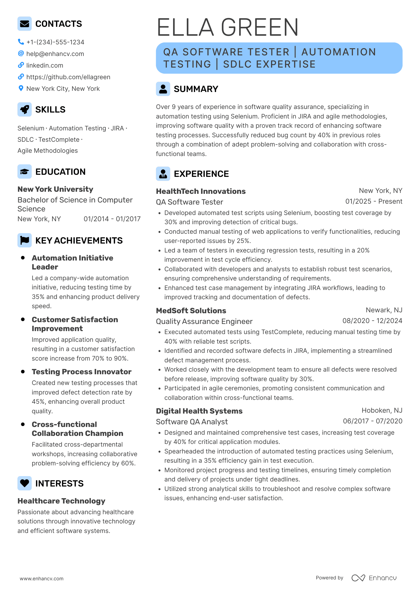 A resume example of a QA Software Tester