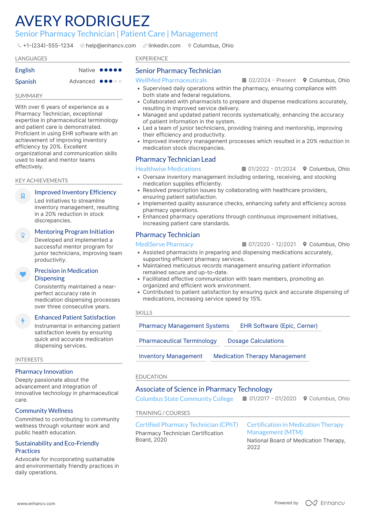 A resume example of a Senior Pharmacy Technician
