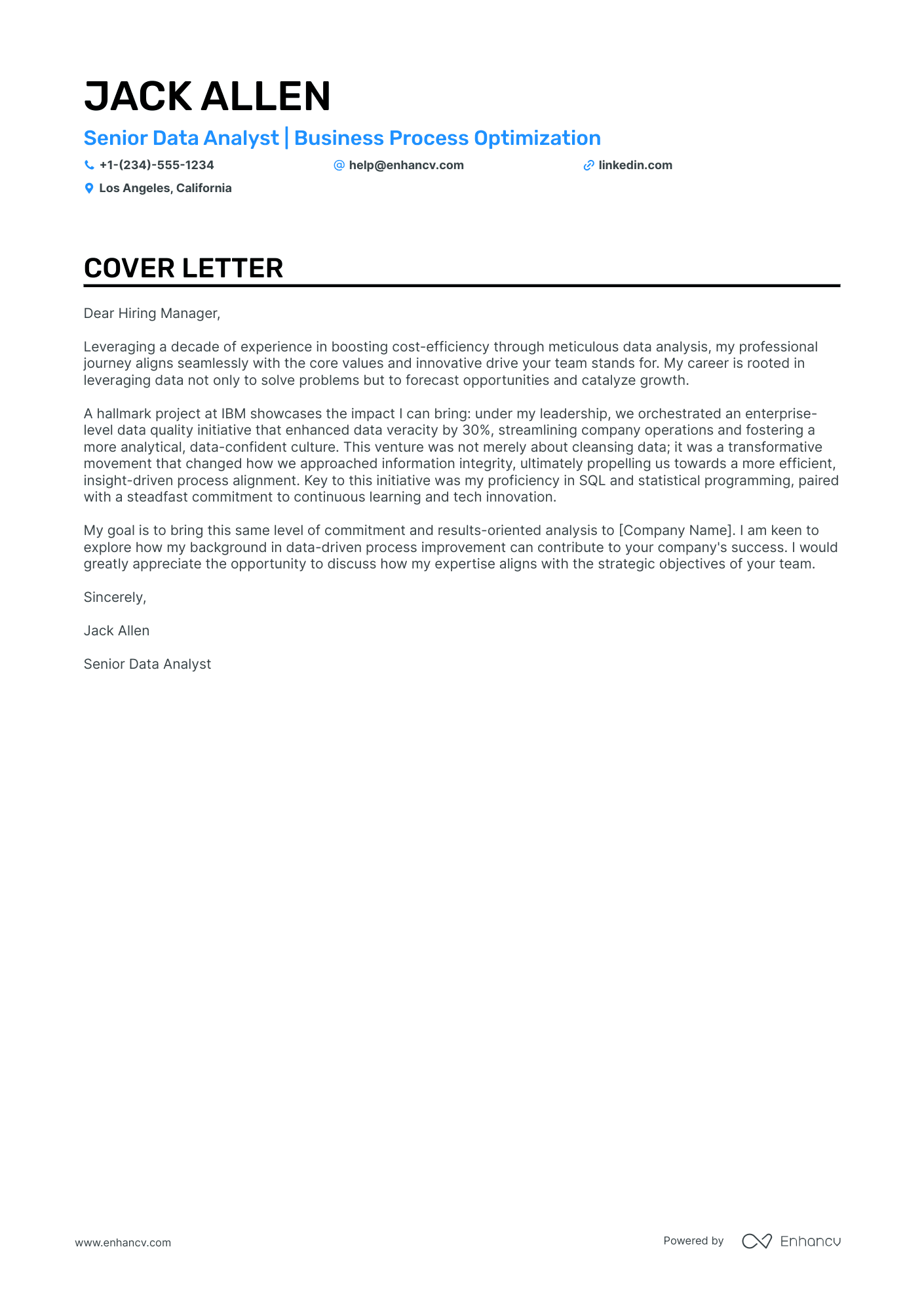 sample cover letter for data analyst position