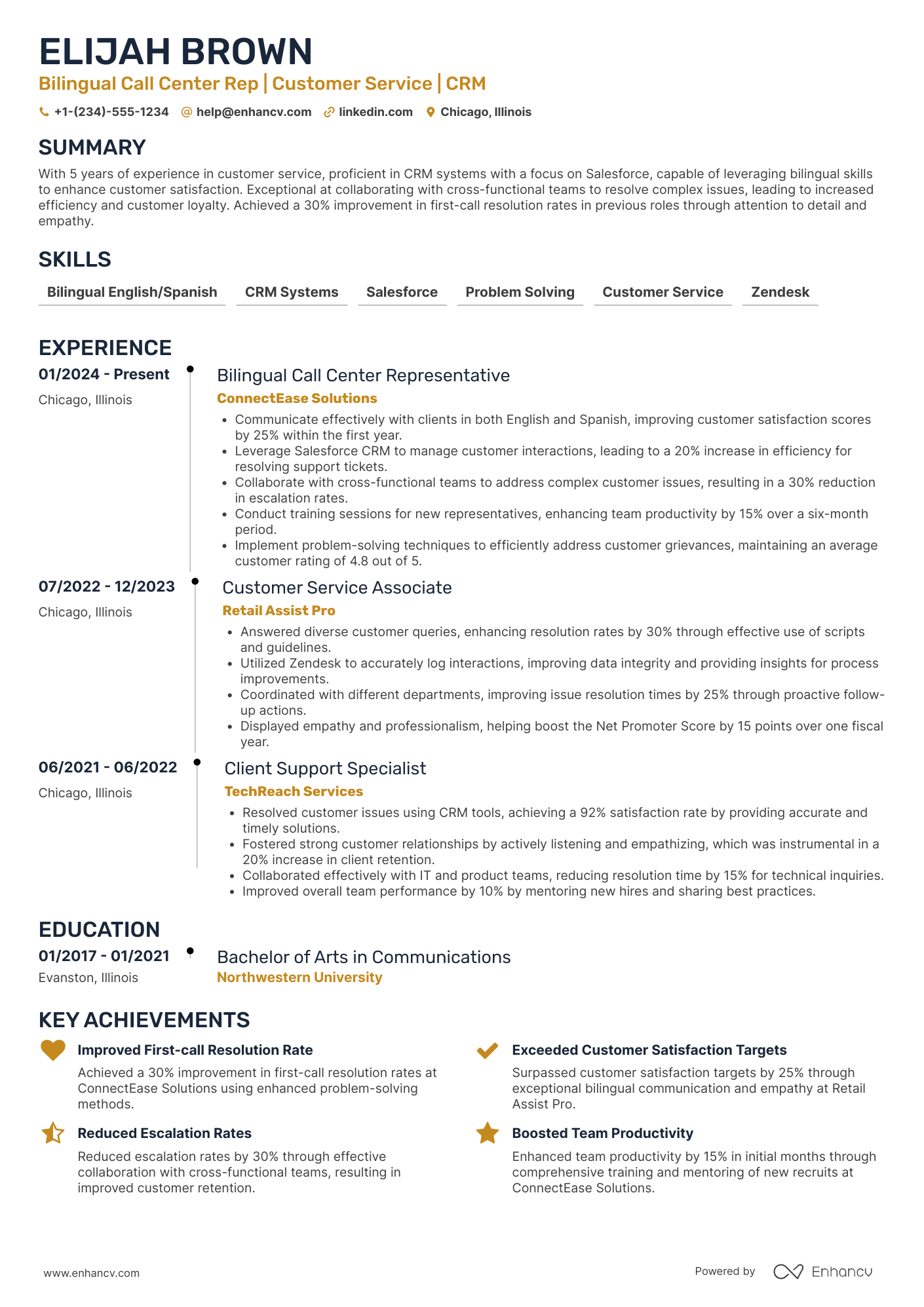 A resume example of a Bilingual Call Center Representative
