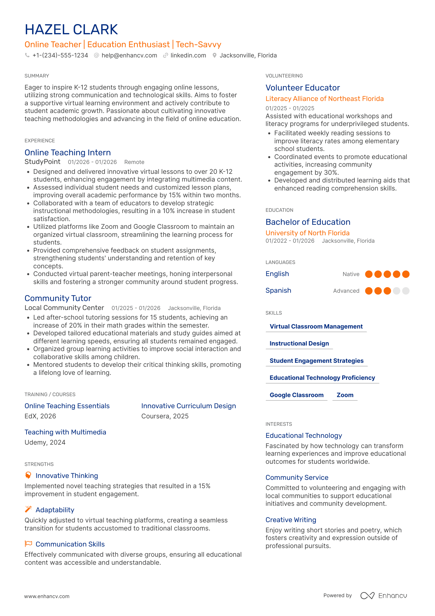 A resume example of a Entry Level Online Teacher