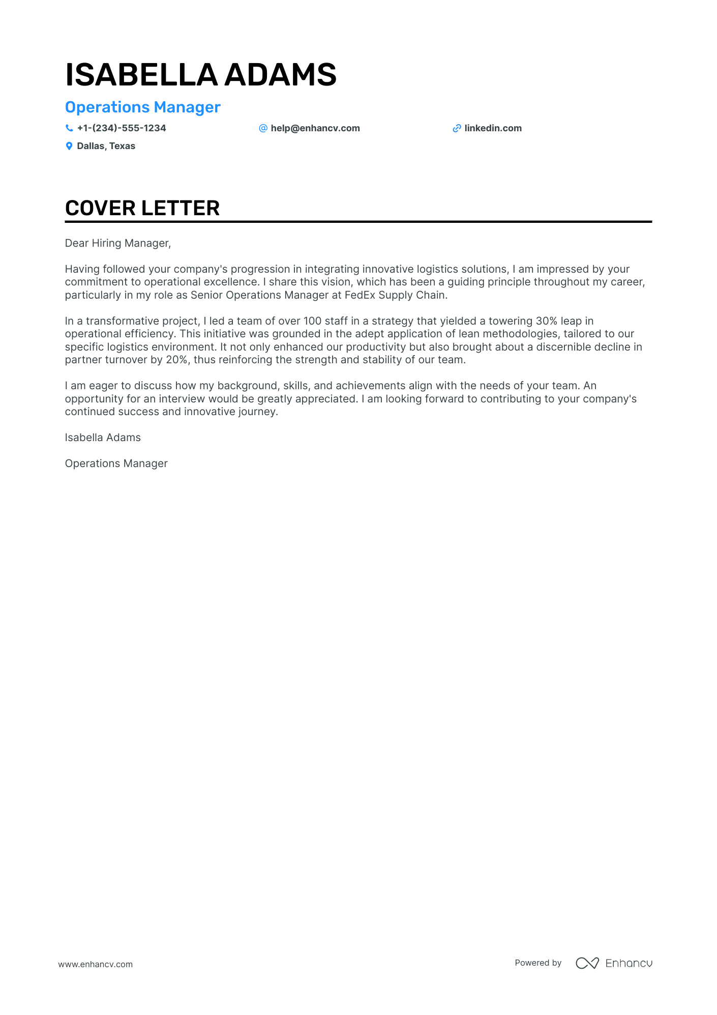 sample of cover letter for operations manager