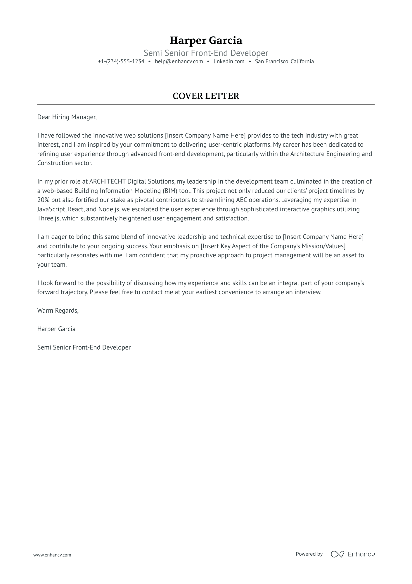 cover letter for front end developer internship