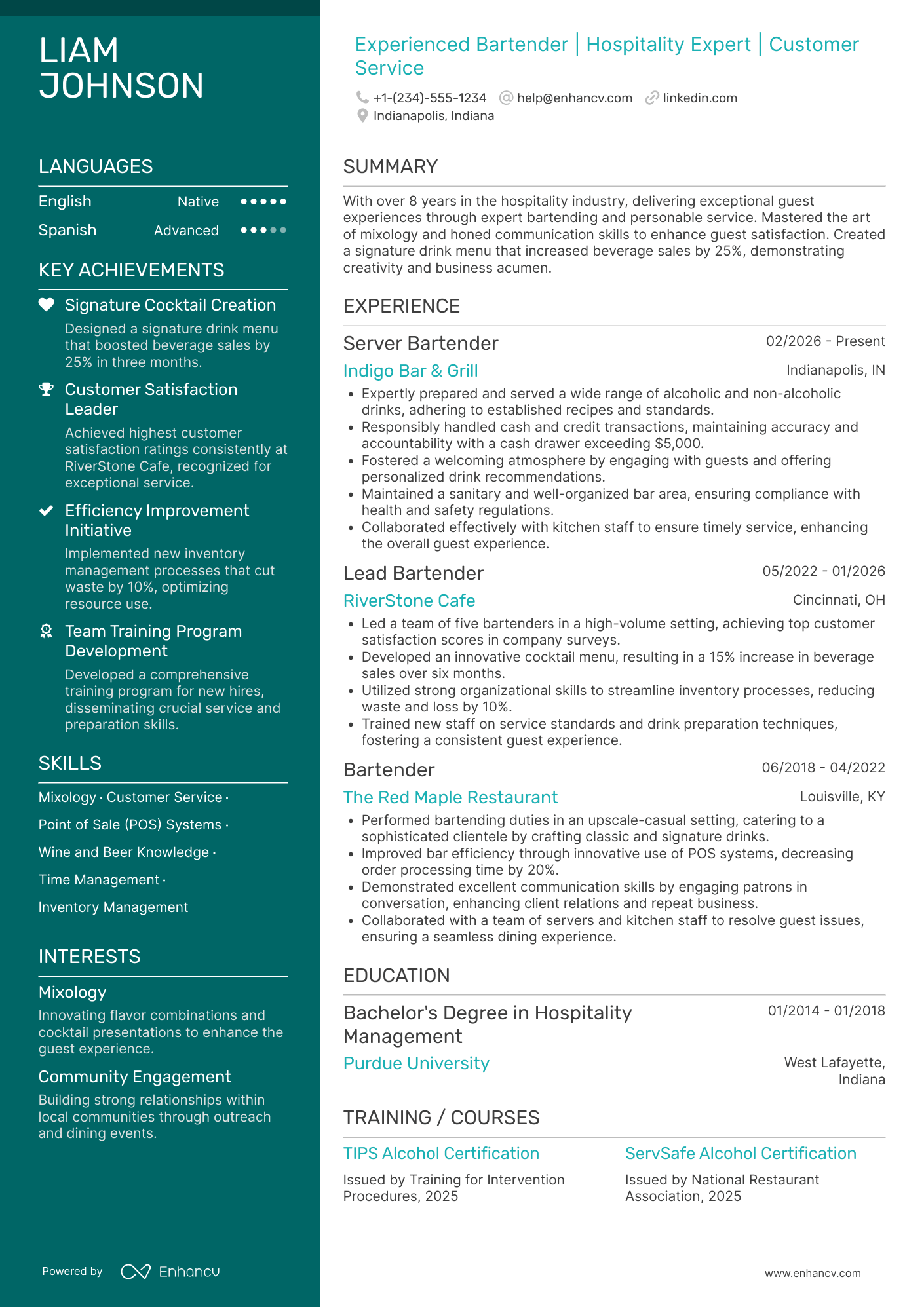 A resume example of a Server Bartender