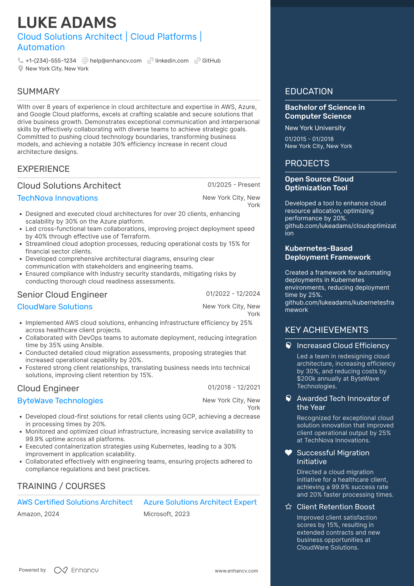 A resume example of a Cloud Solutions Architect