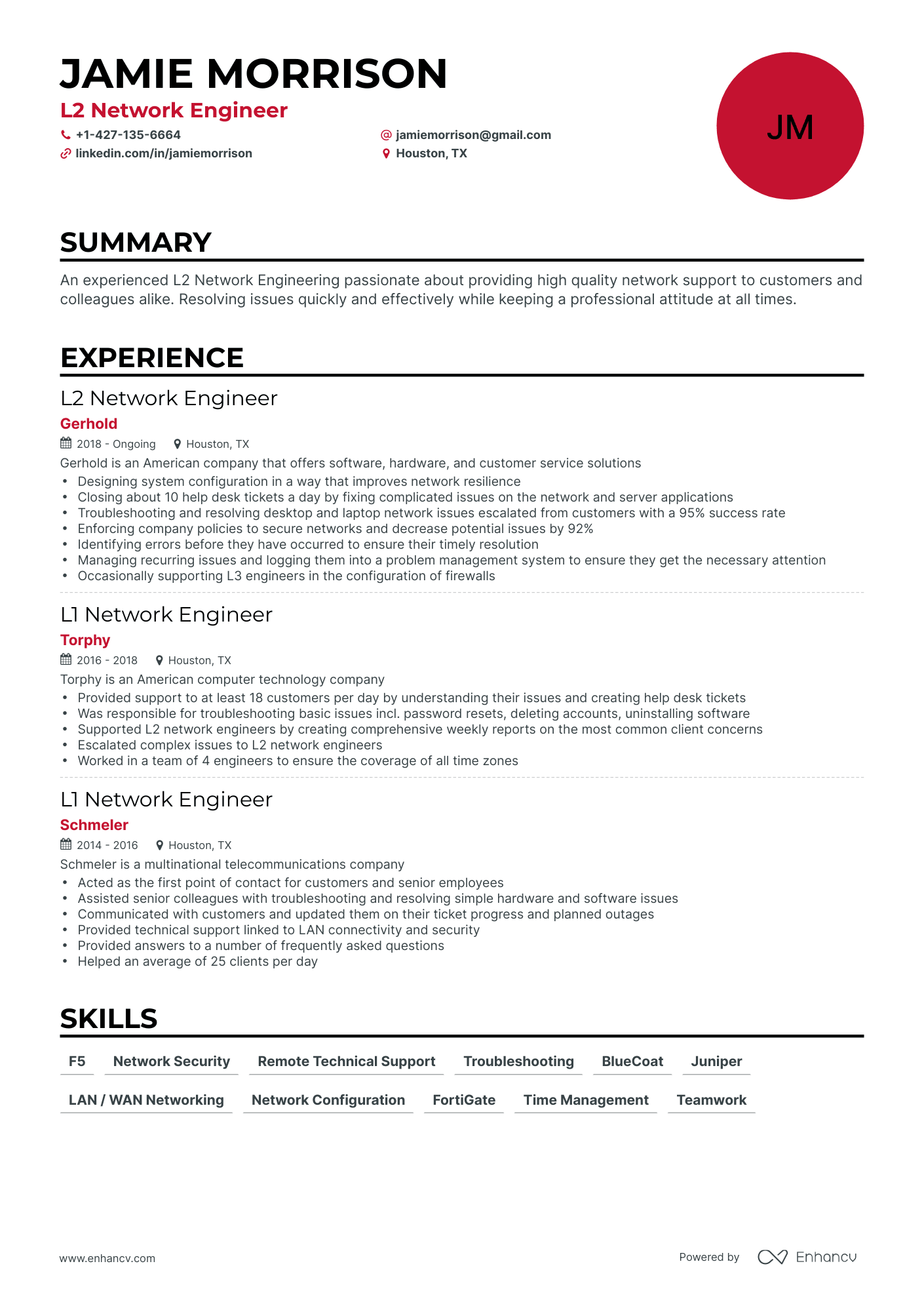 Classic L2 Network Engineer Resume Template