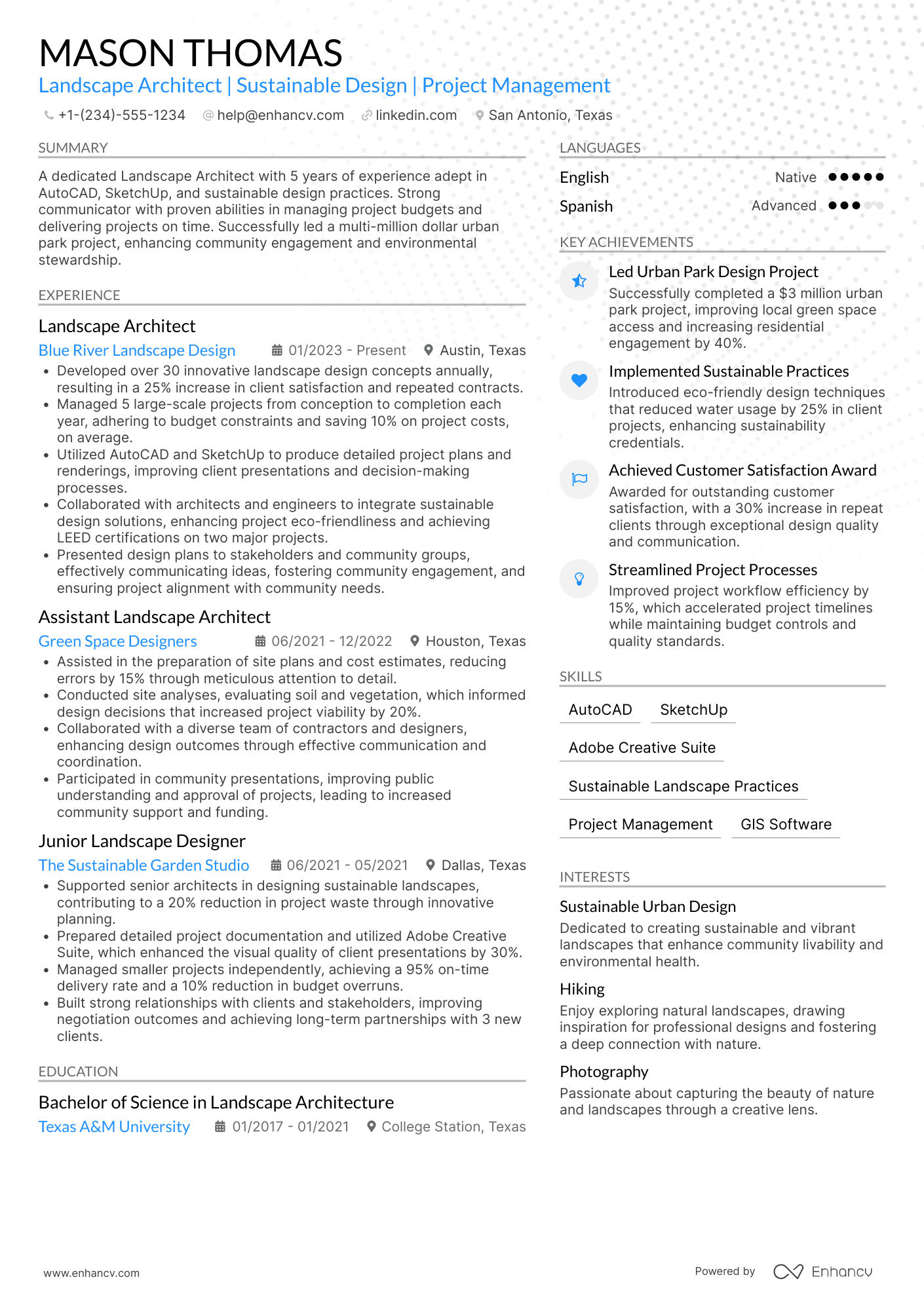 A resume example of a Landscape Architect