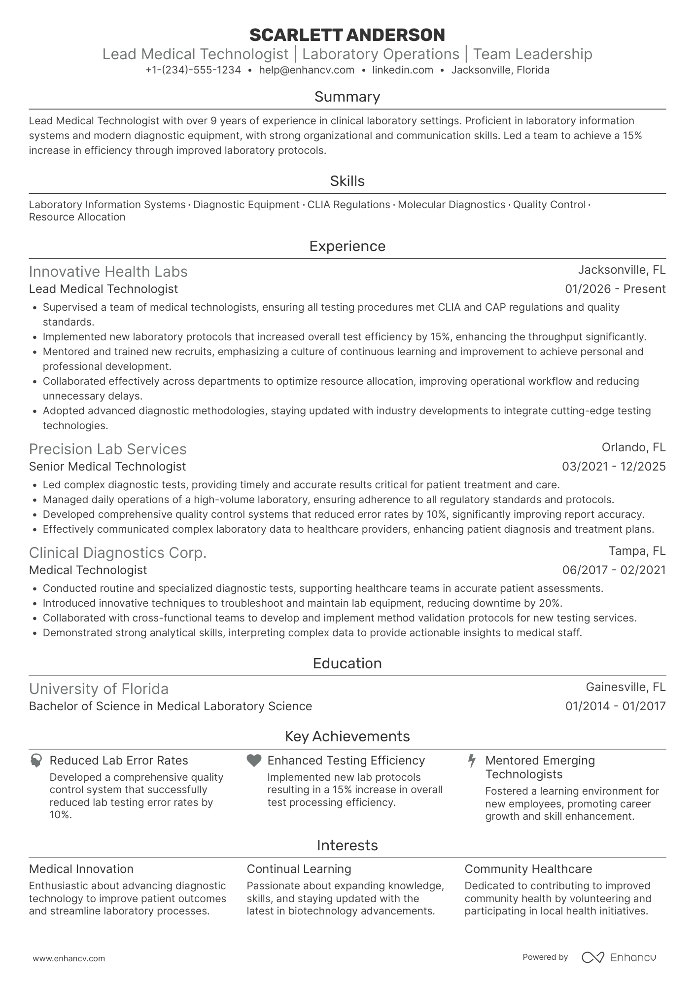 A resume example of a Lead Medical Technologist