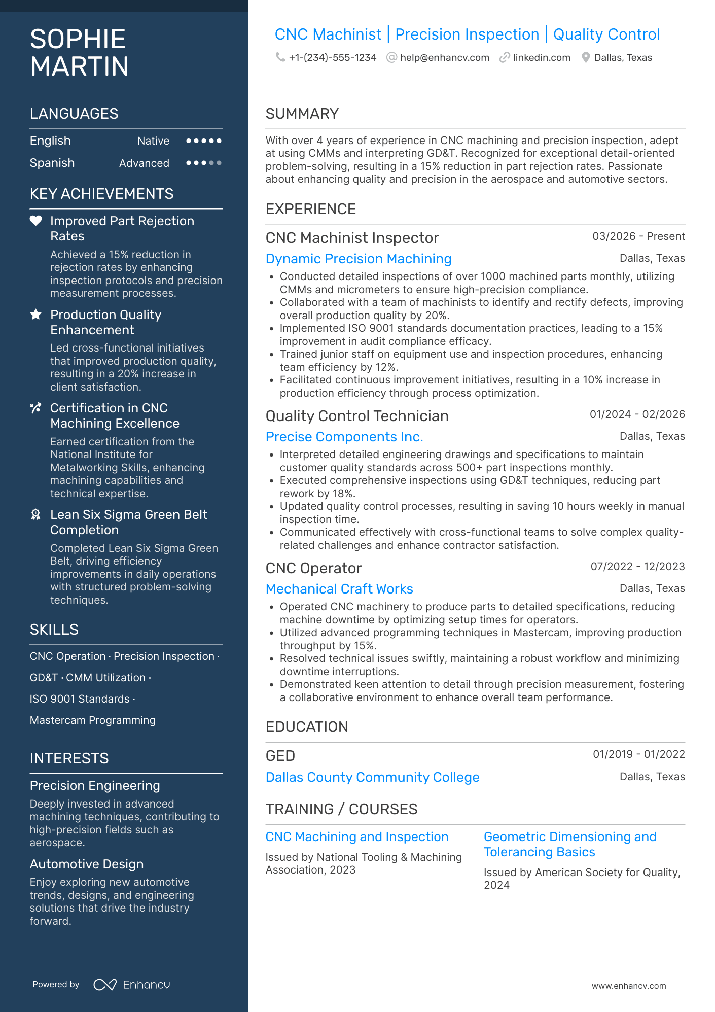 A resume example of a CNC Machinist Inspector