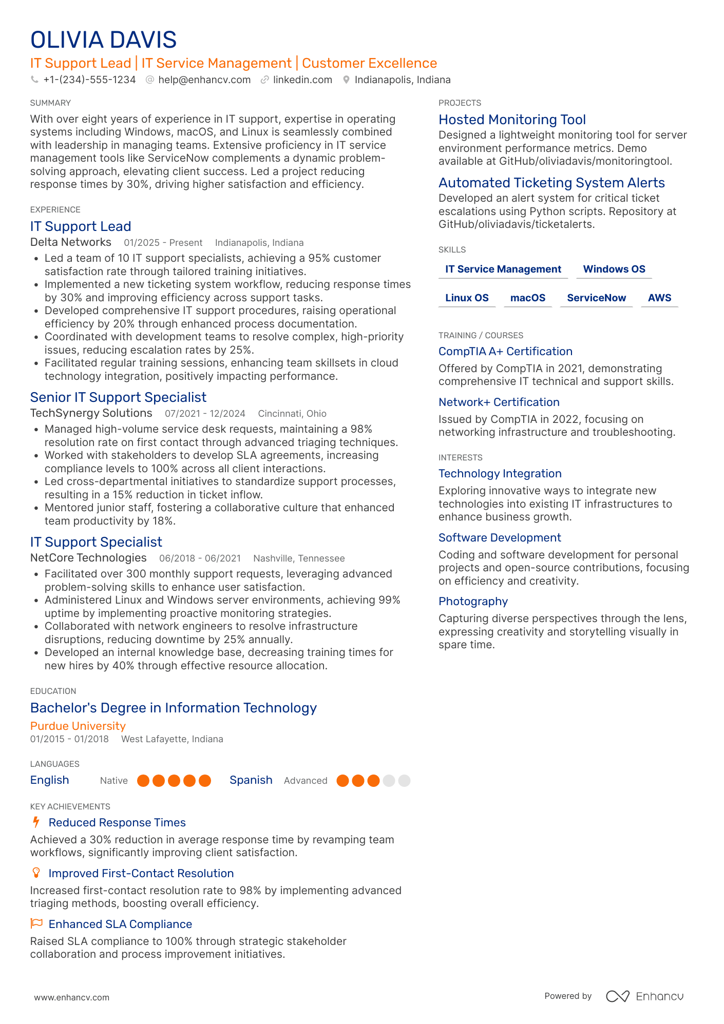 A resume example of a IT Support Lead