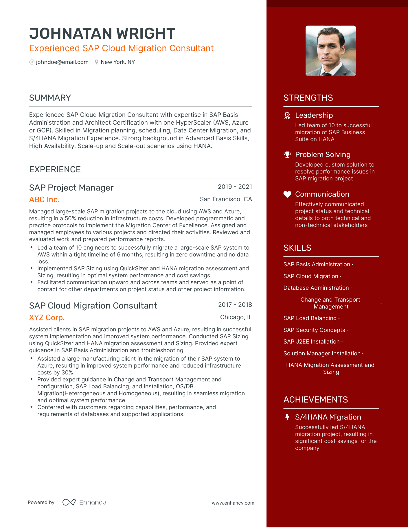 One Page SAP Project Manager Resume Template