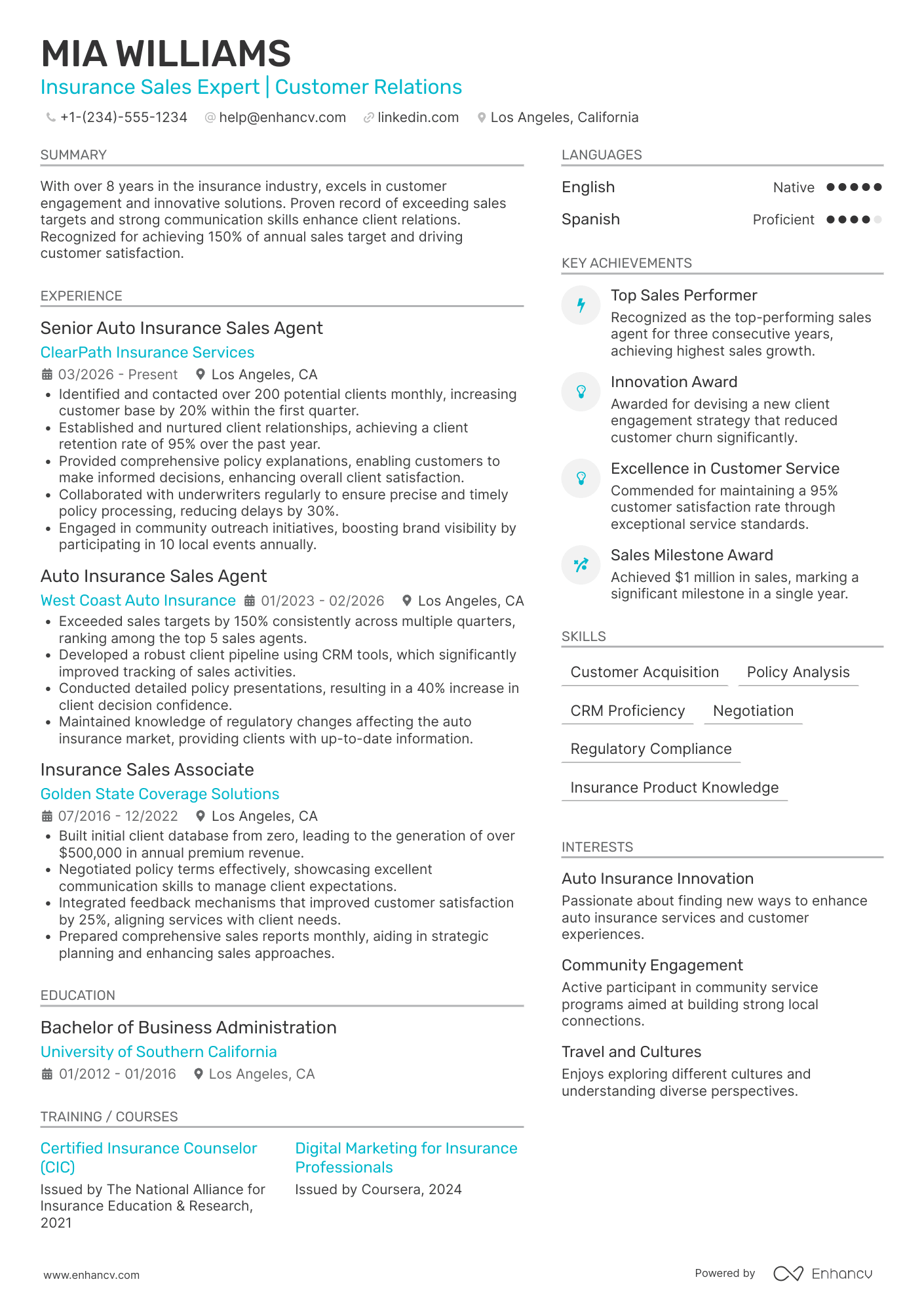 A resume example of a Auto Insurance Sales Agent