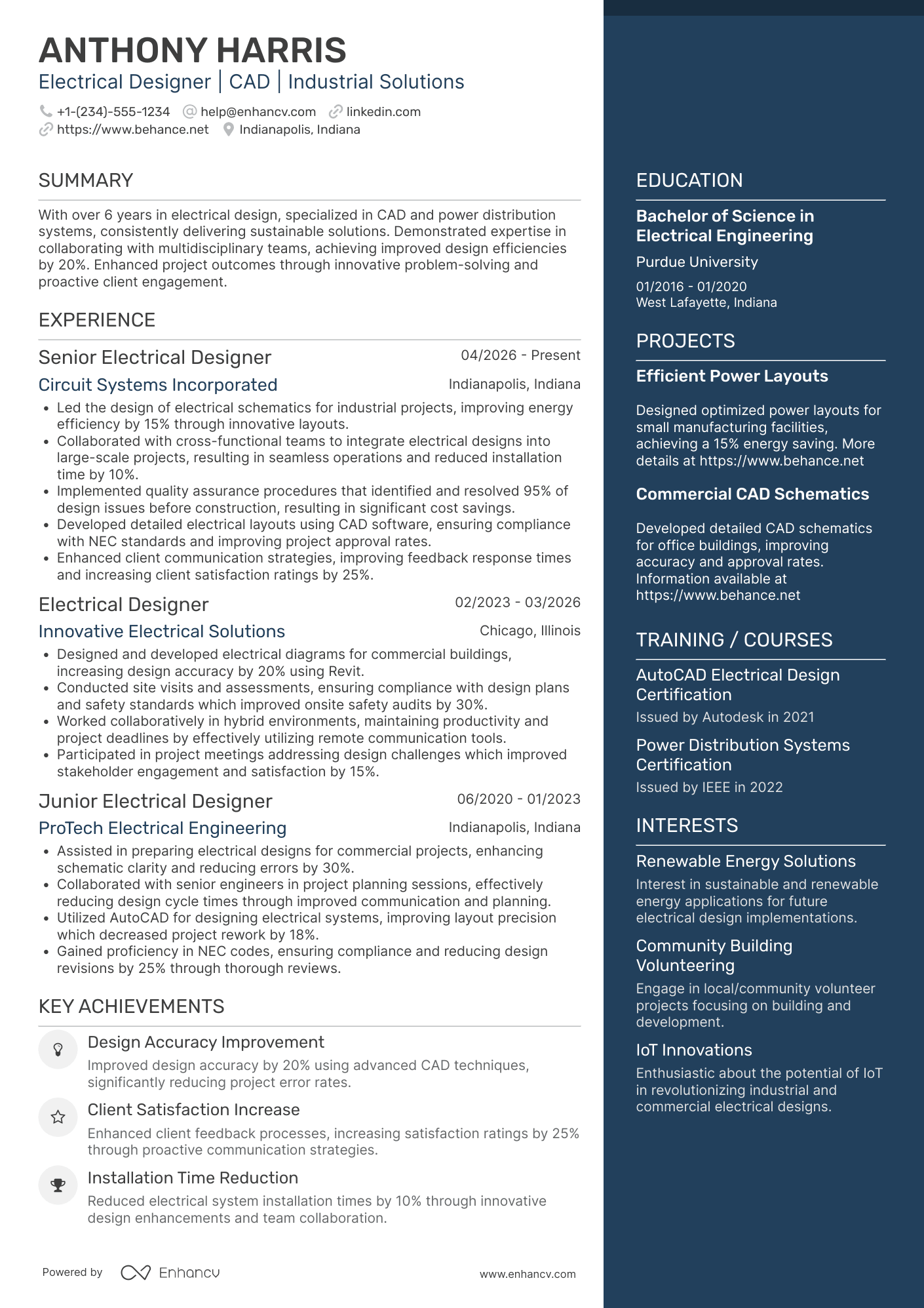 A resume example of a Electrical Designer