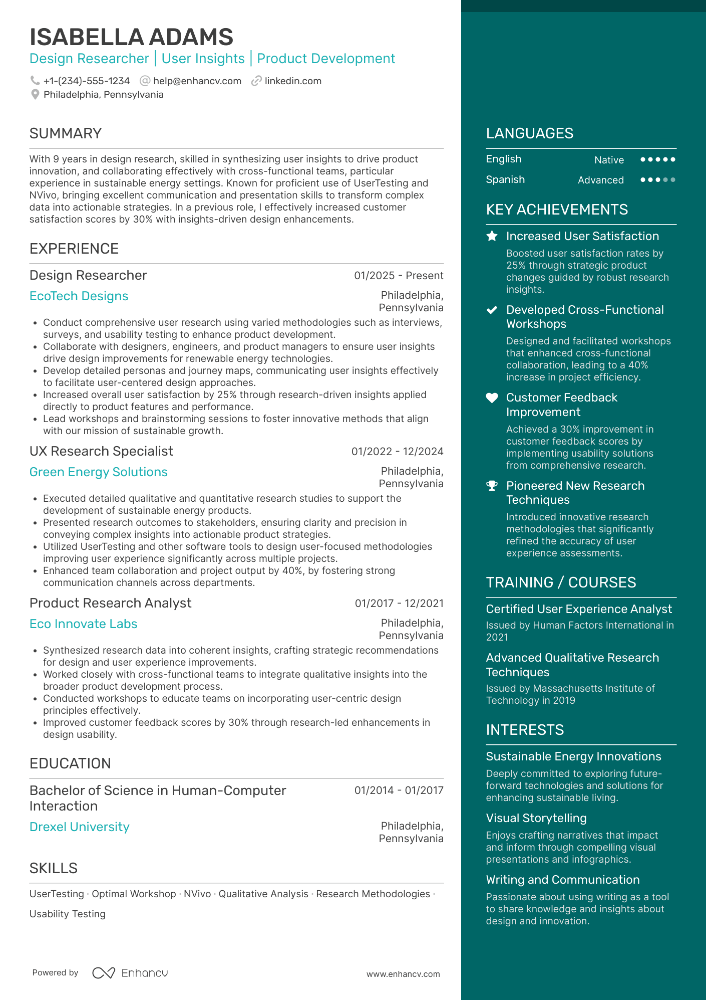 A resume example of a Design Researcher