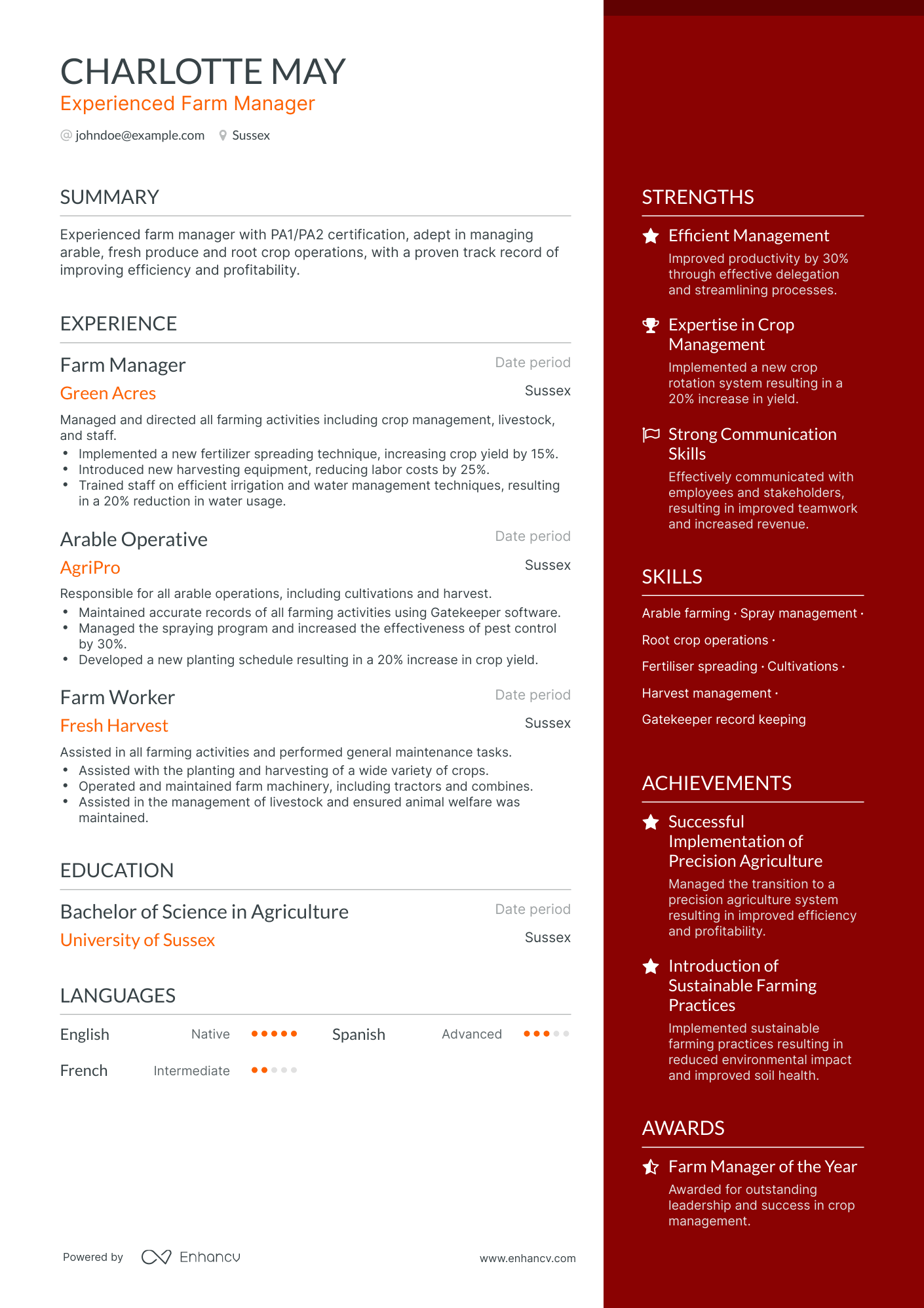 One Page Farm Manager Resume Template