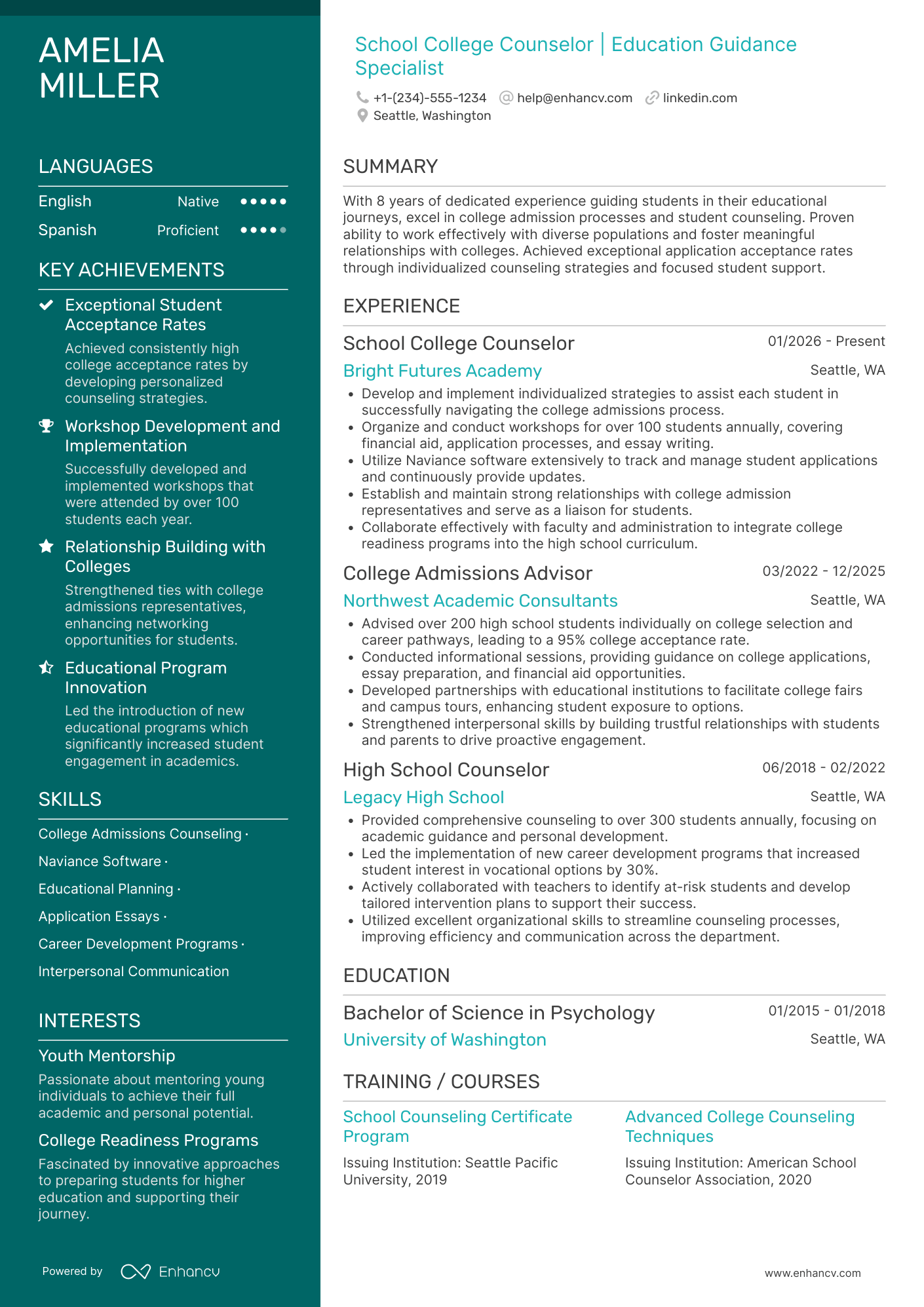 A resume example of a School College Counselor
