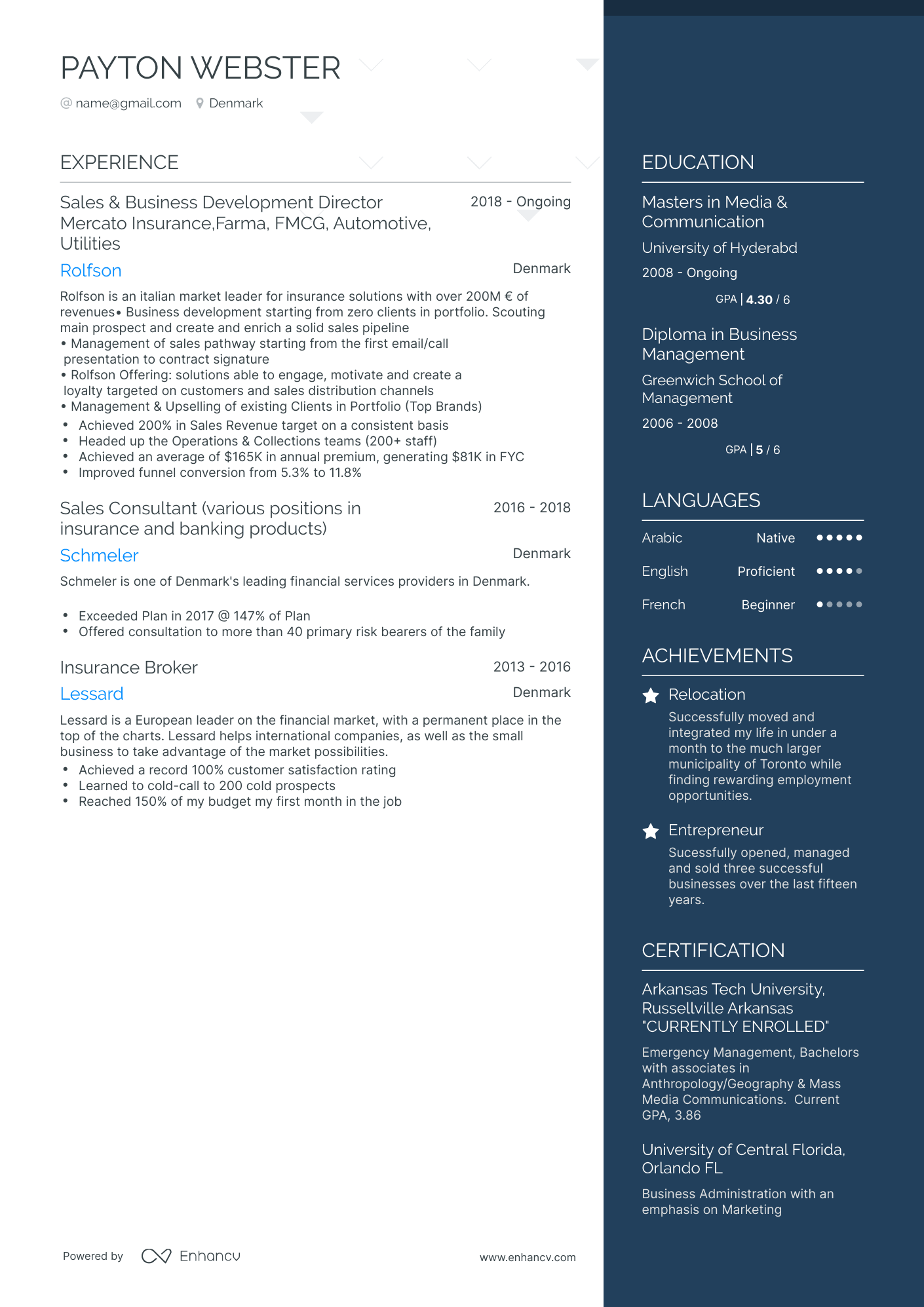 One Page Insurance Sales Resume Template