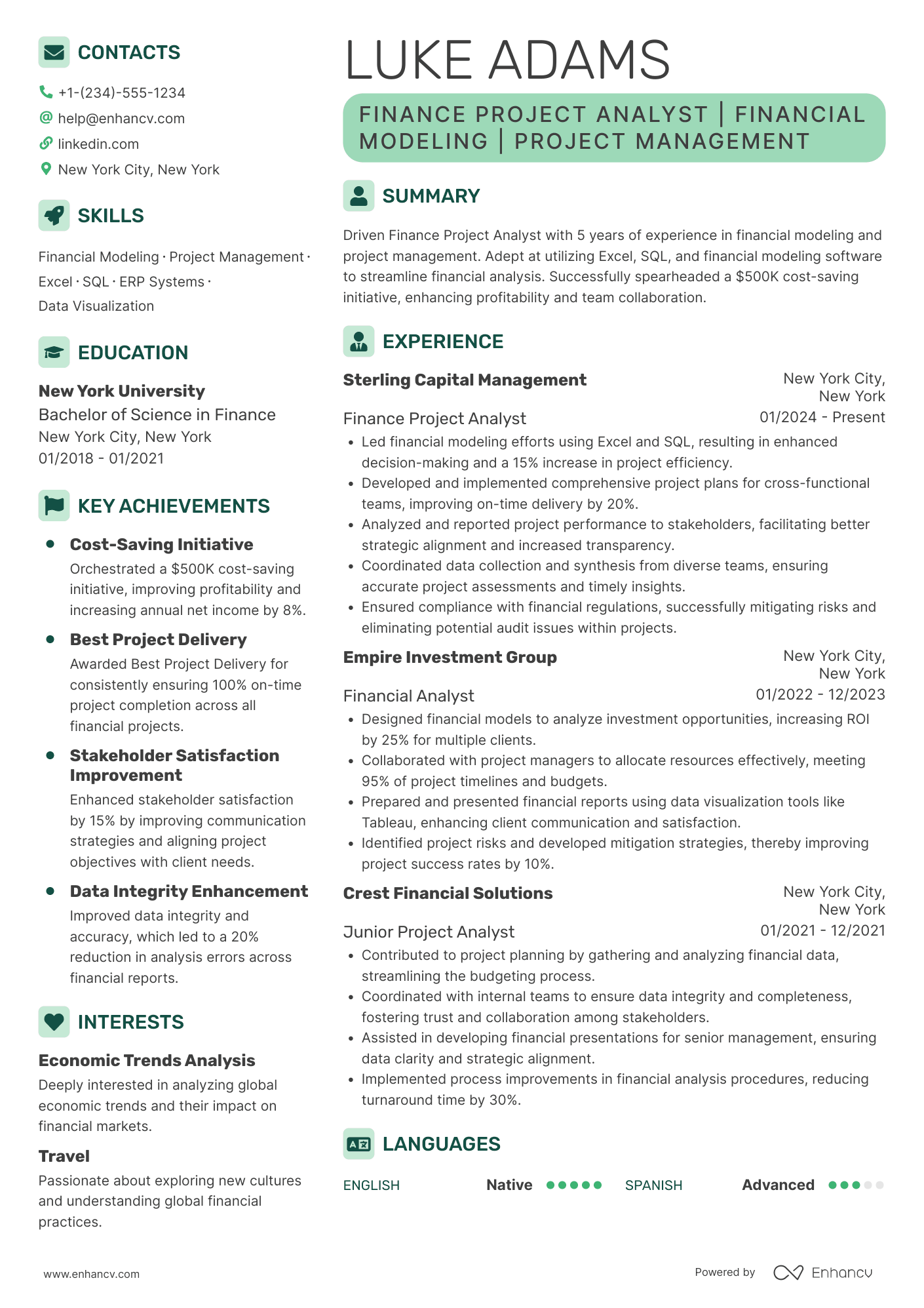 A resume example of a Finance Project Analyst