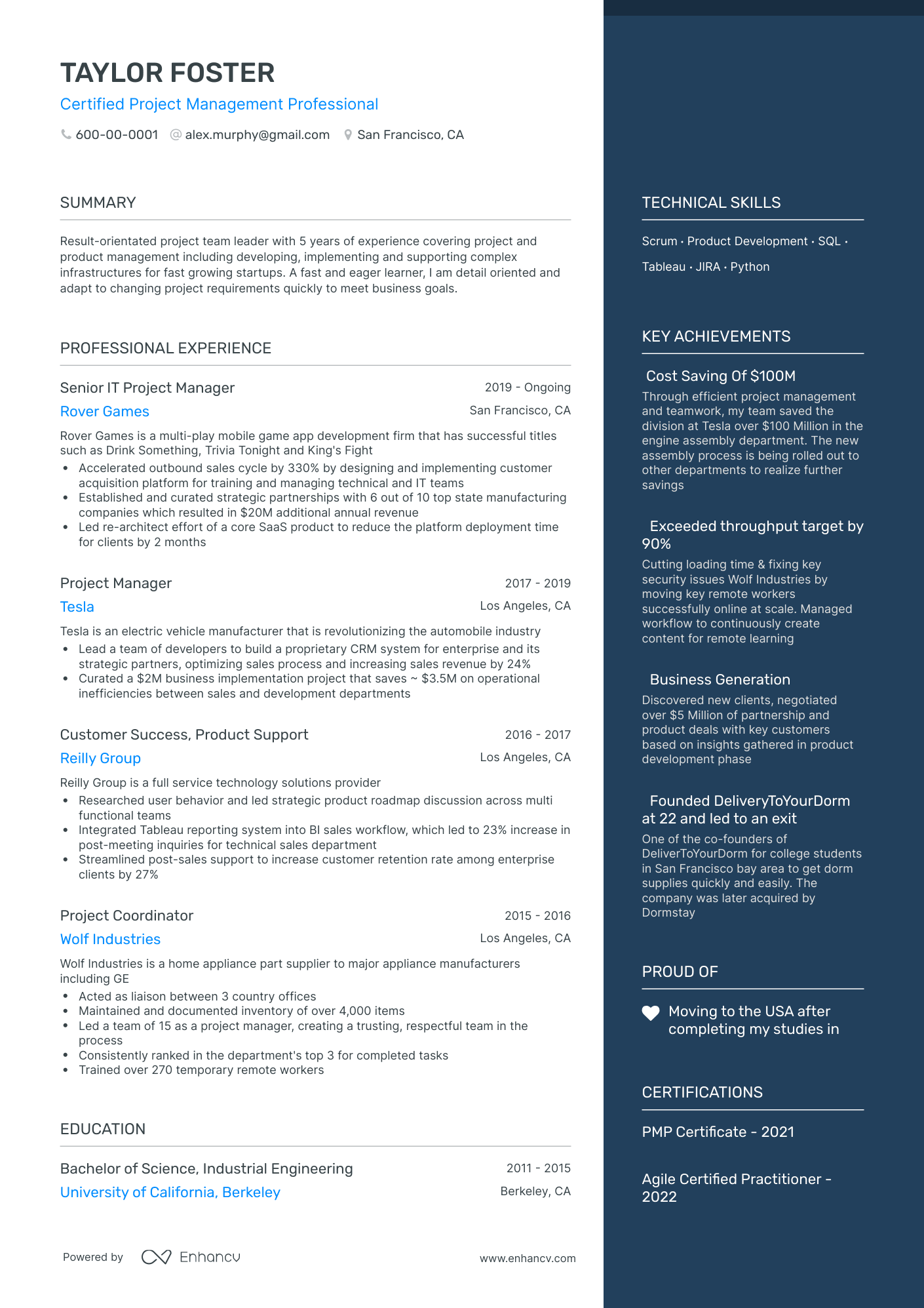 One Page Project Manager Resume Template