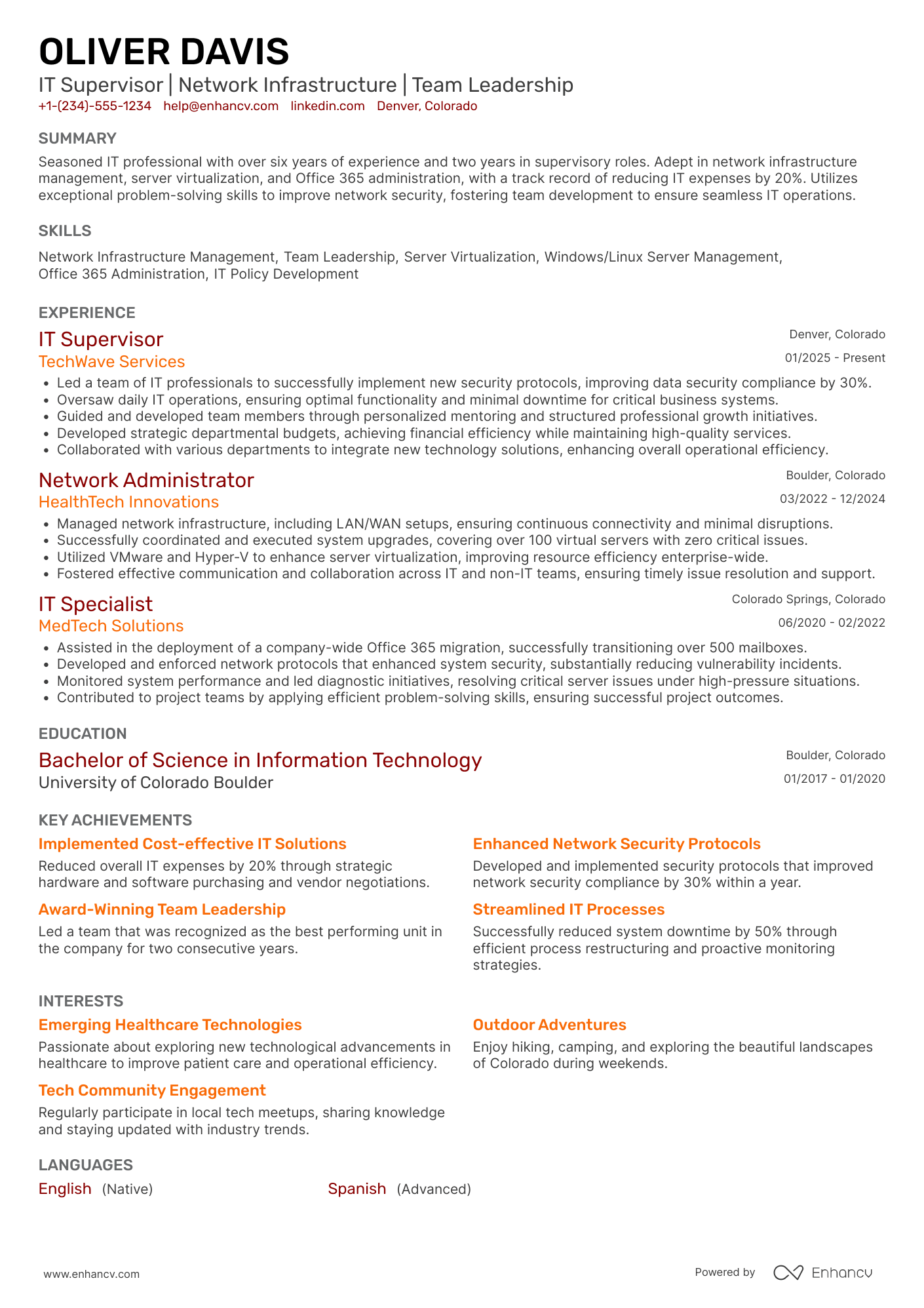 A resume example of a IT Supervisor