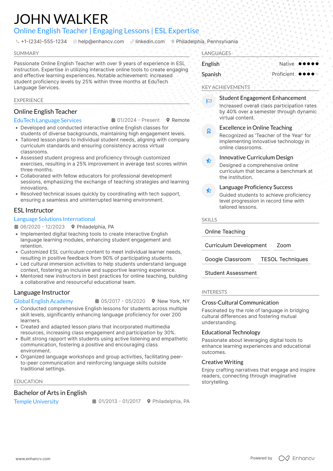 A resume example of a Online English Teacher