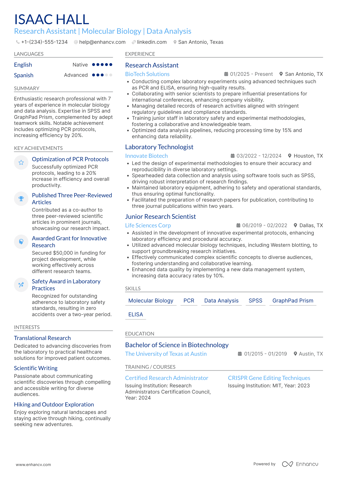 A resume example of a Experienced Research Assistant