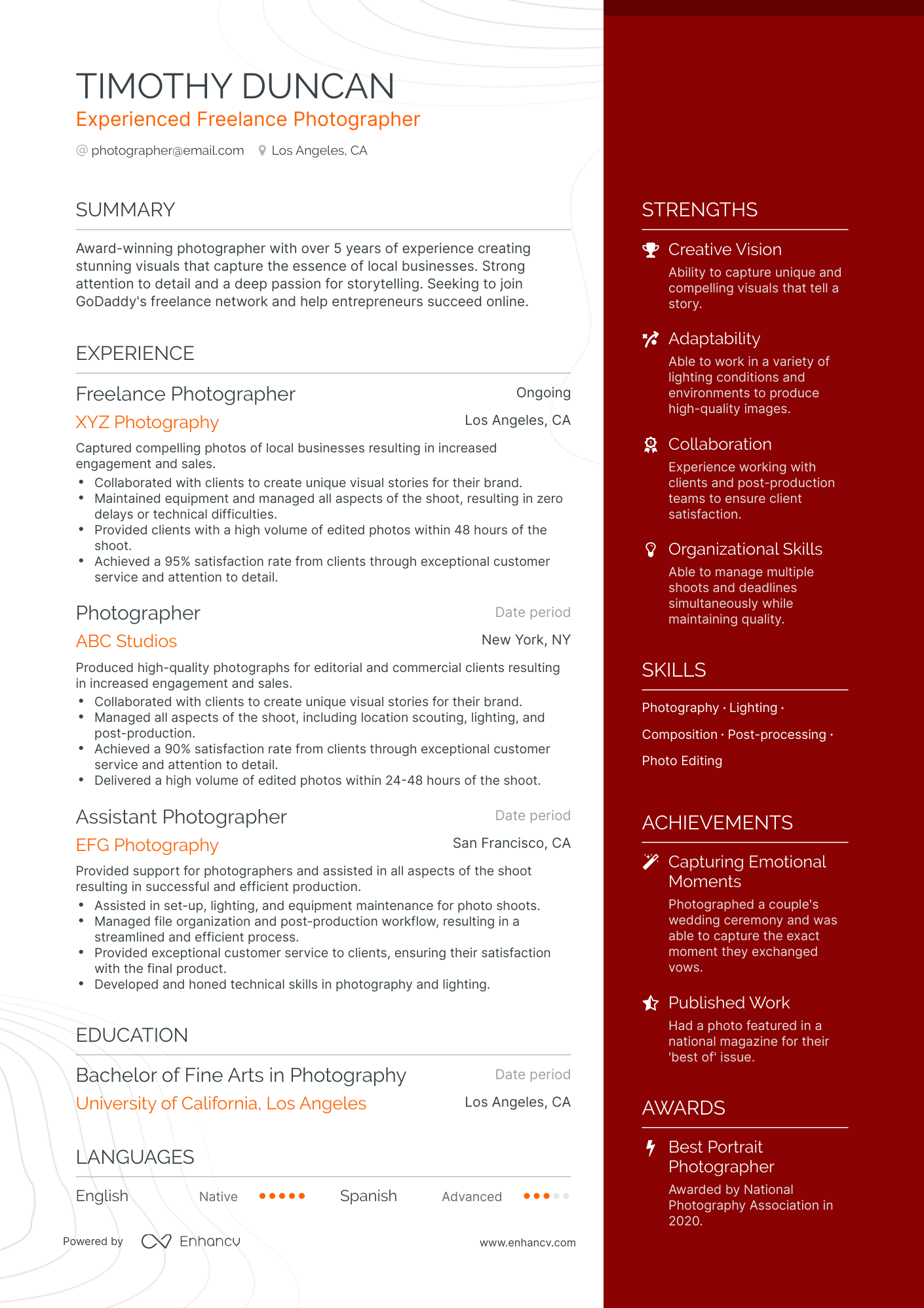 One Page Freelance Photographer Resume Template