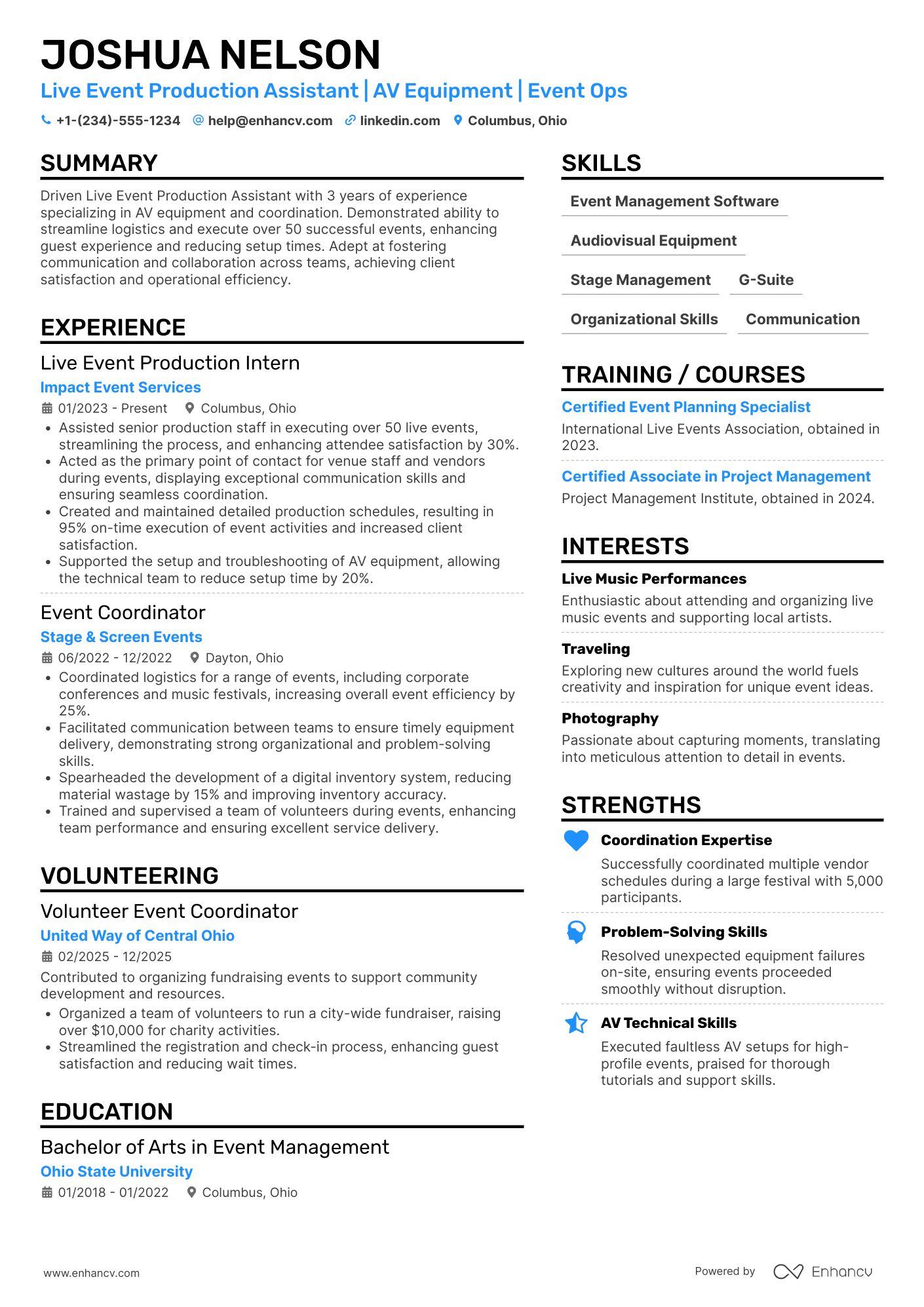 A resume example of a Live Event Production Assistant