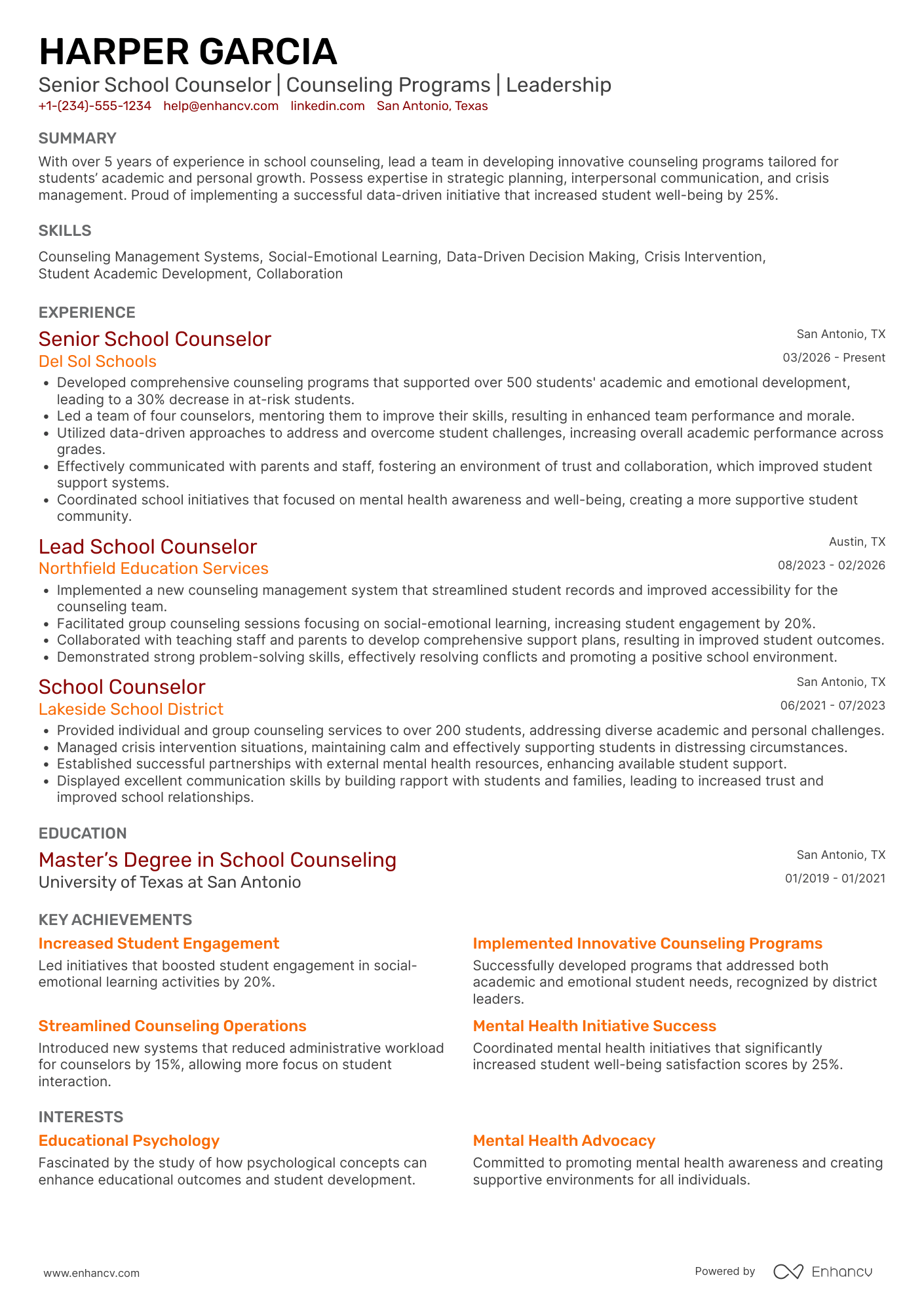 A resume example of a Senior School Counselor