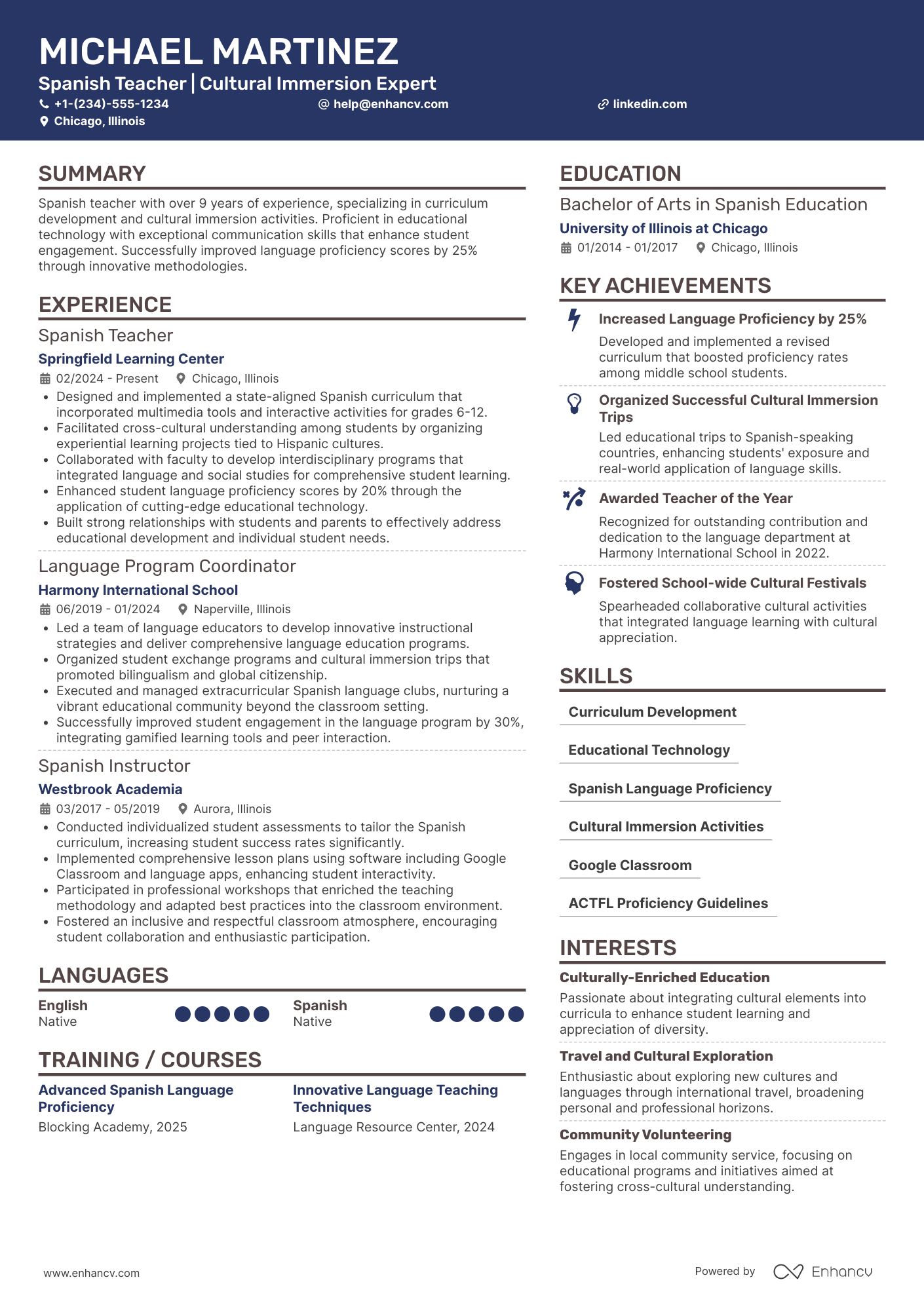 A resume example of a Spanish Teacher