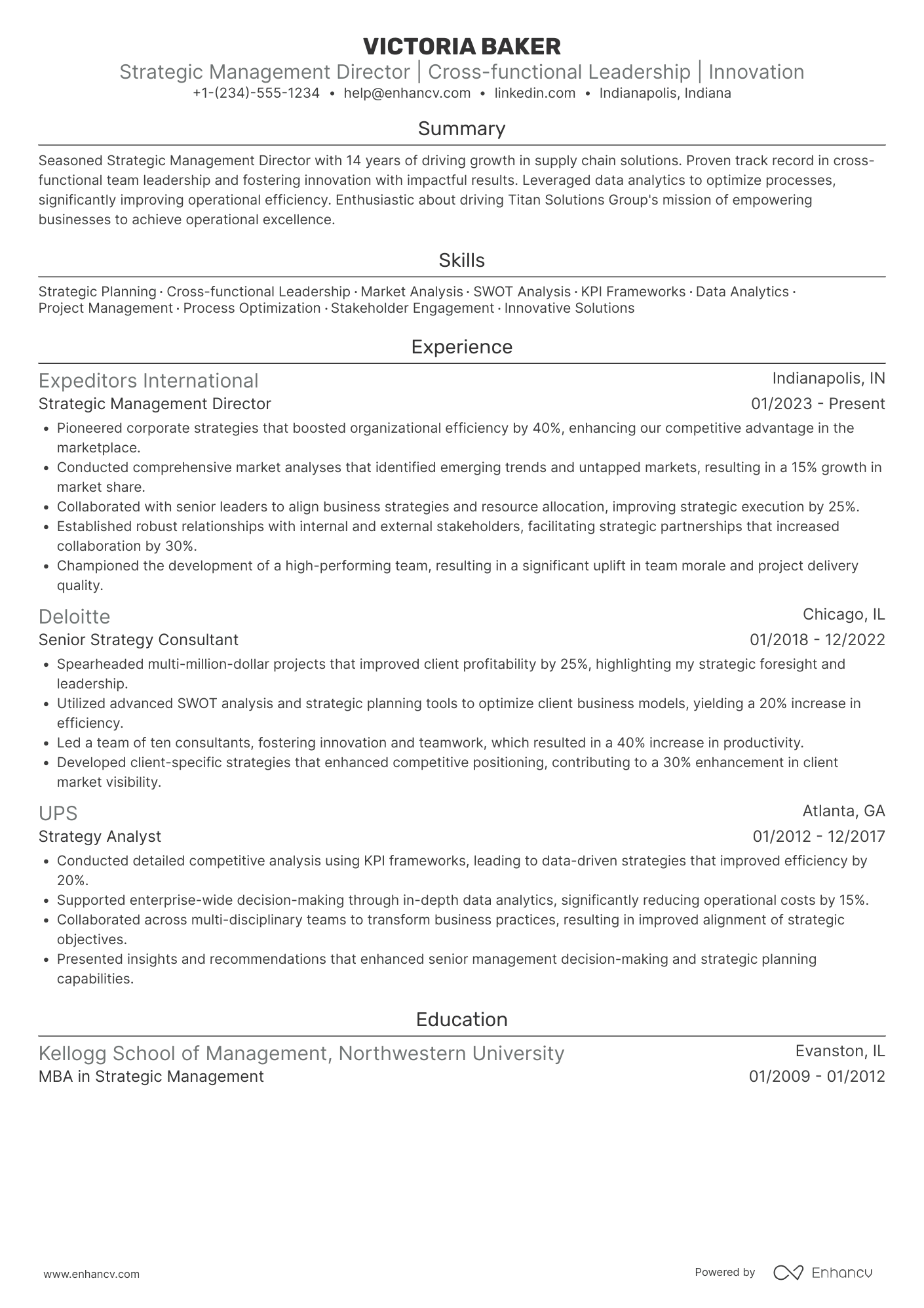 A resume example of a Strategic Management Director