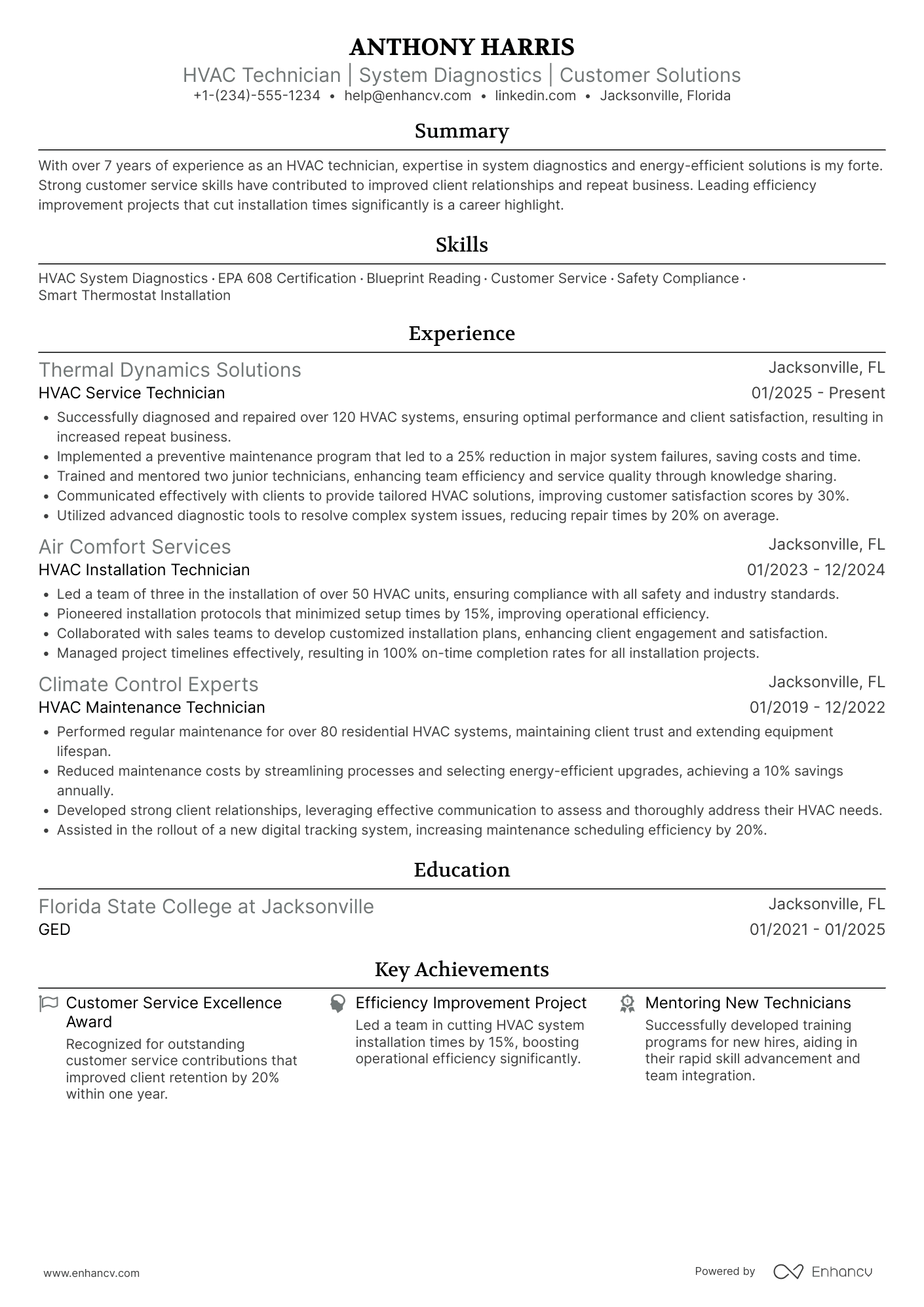 A resume example of a HVAC Service Technician