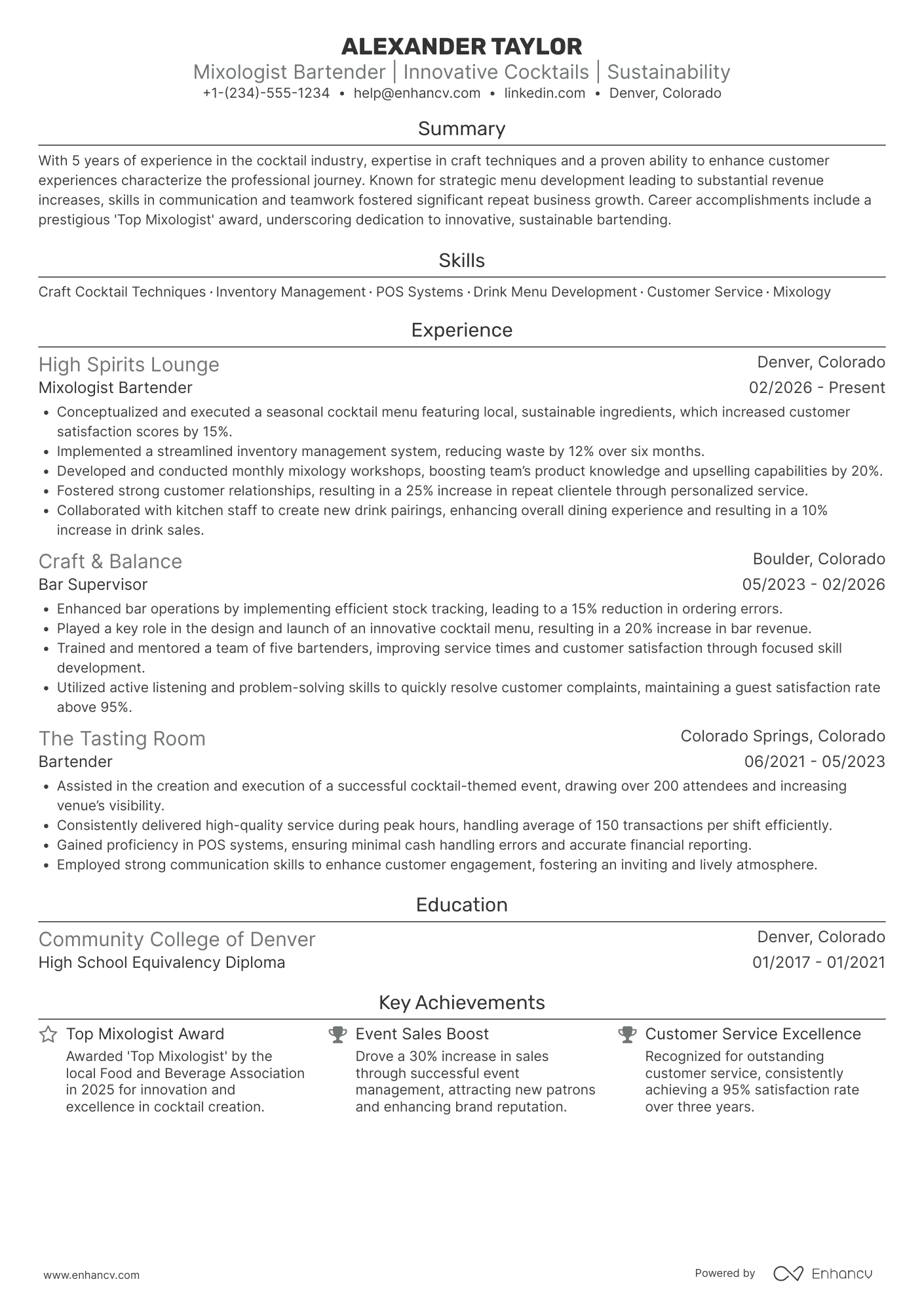 A resume example of a Mixologist Bartender