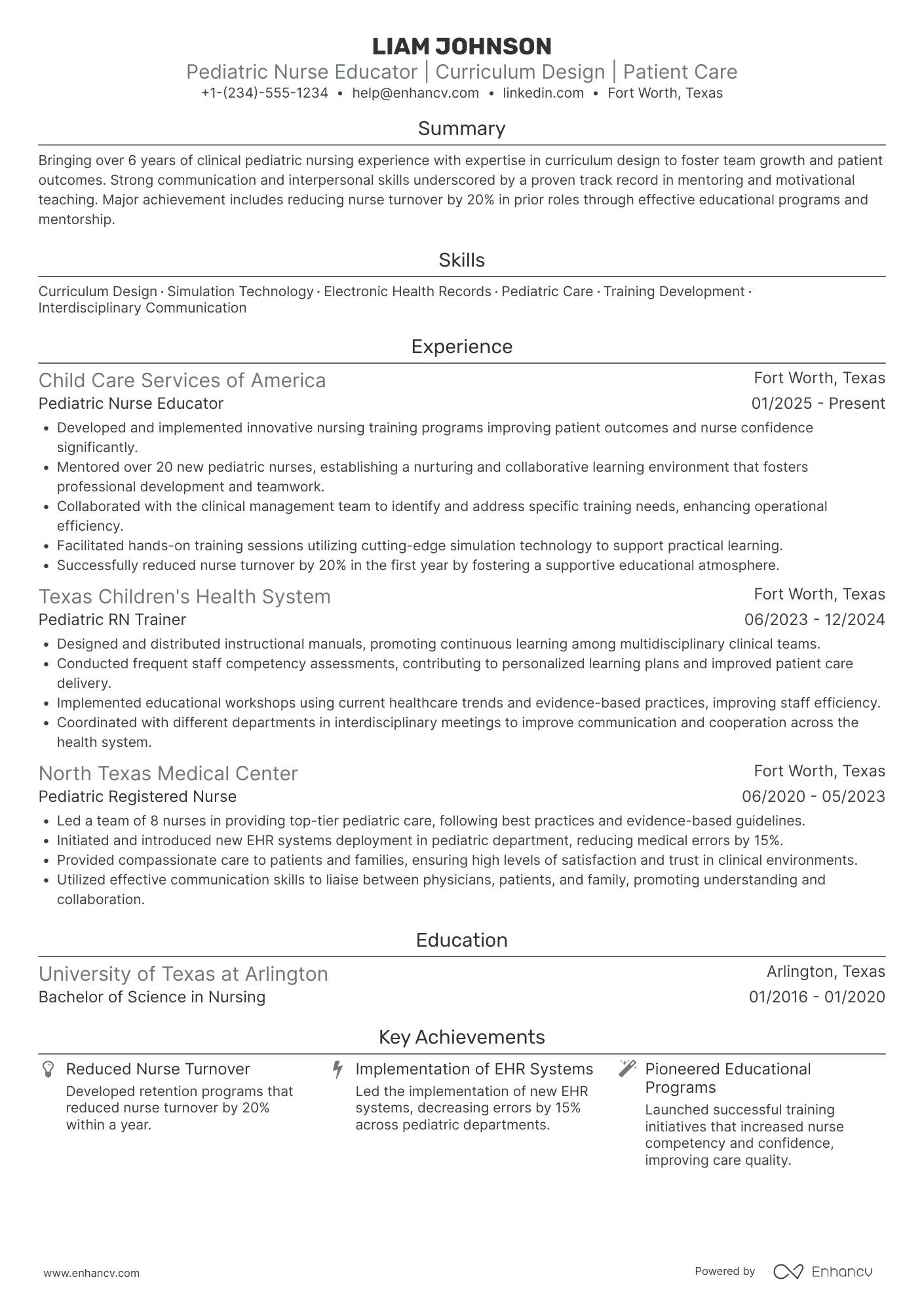 A resume example of a Pediatric Nurse Educator