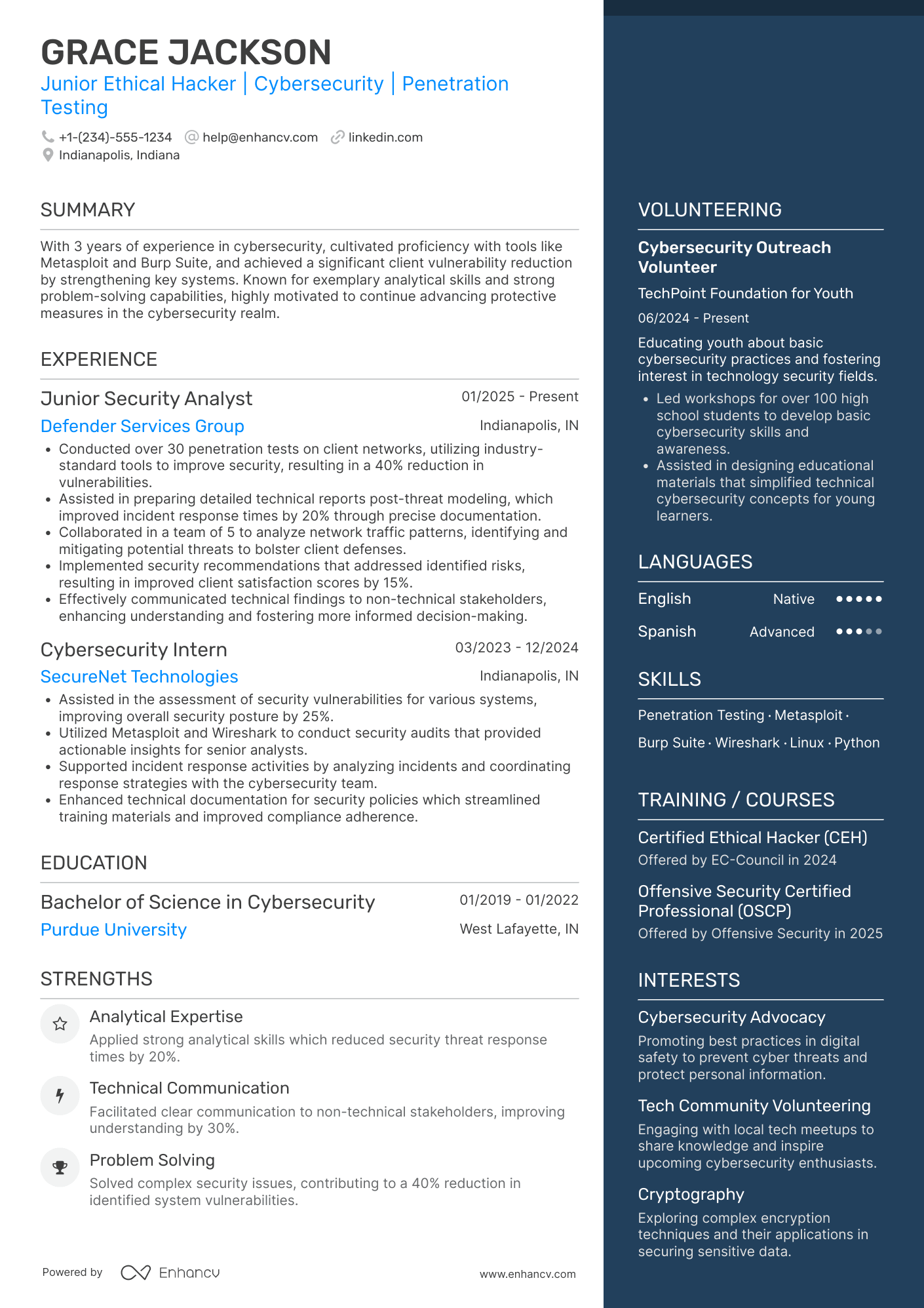 A resume example of a Junior Ethical Hacker