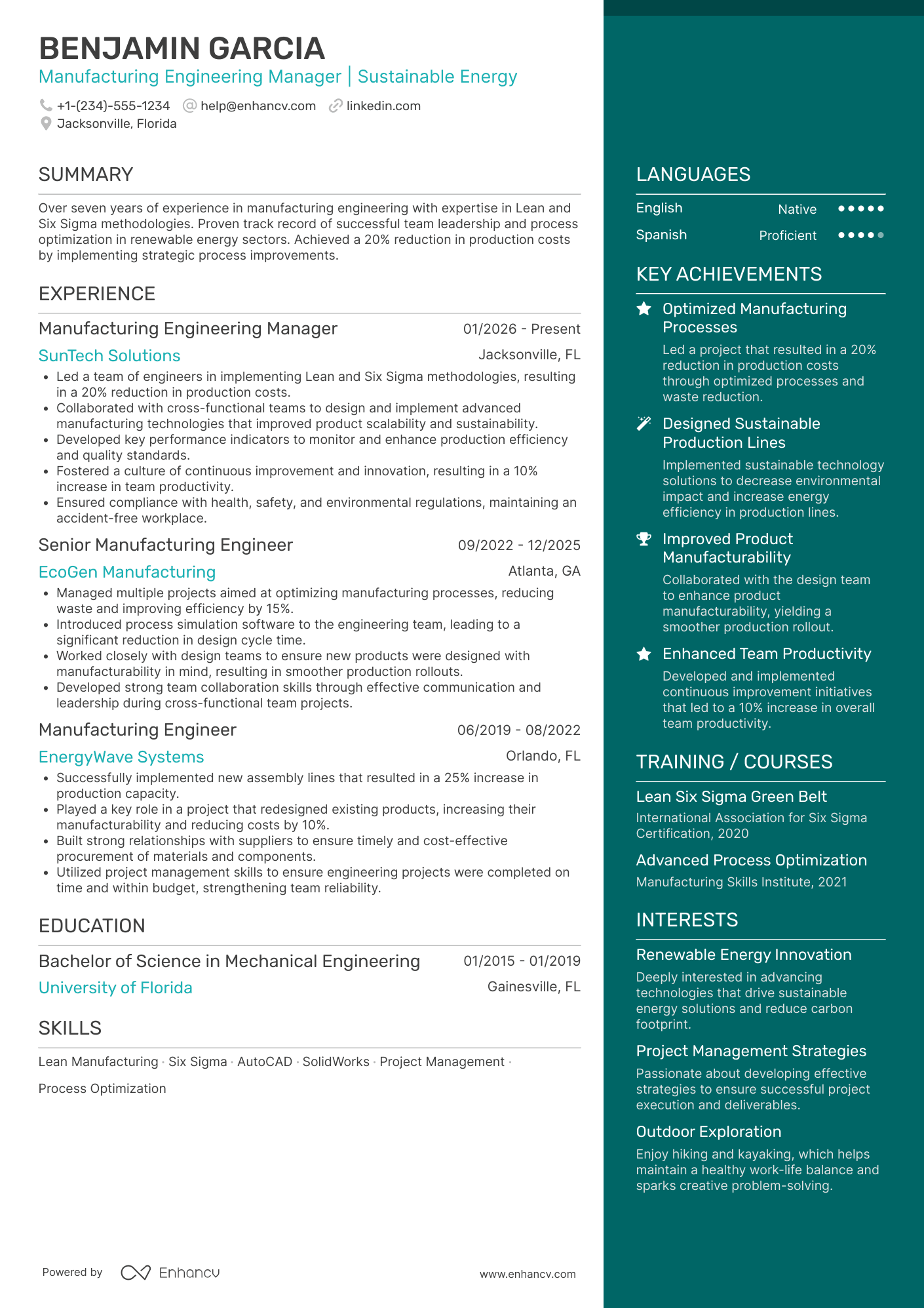 A resume example of a Manufacturing Engineering Manager