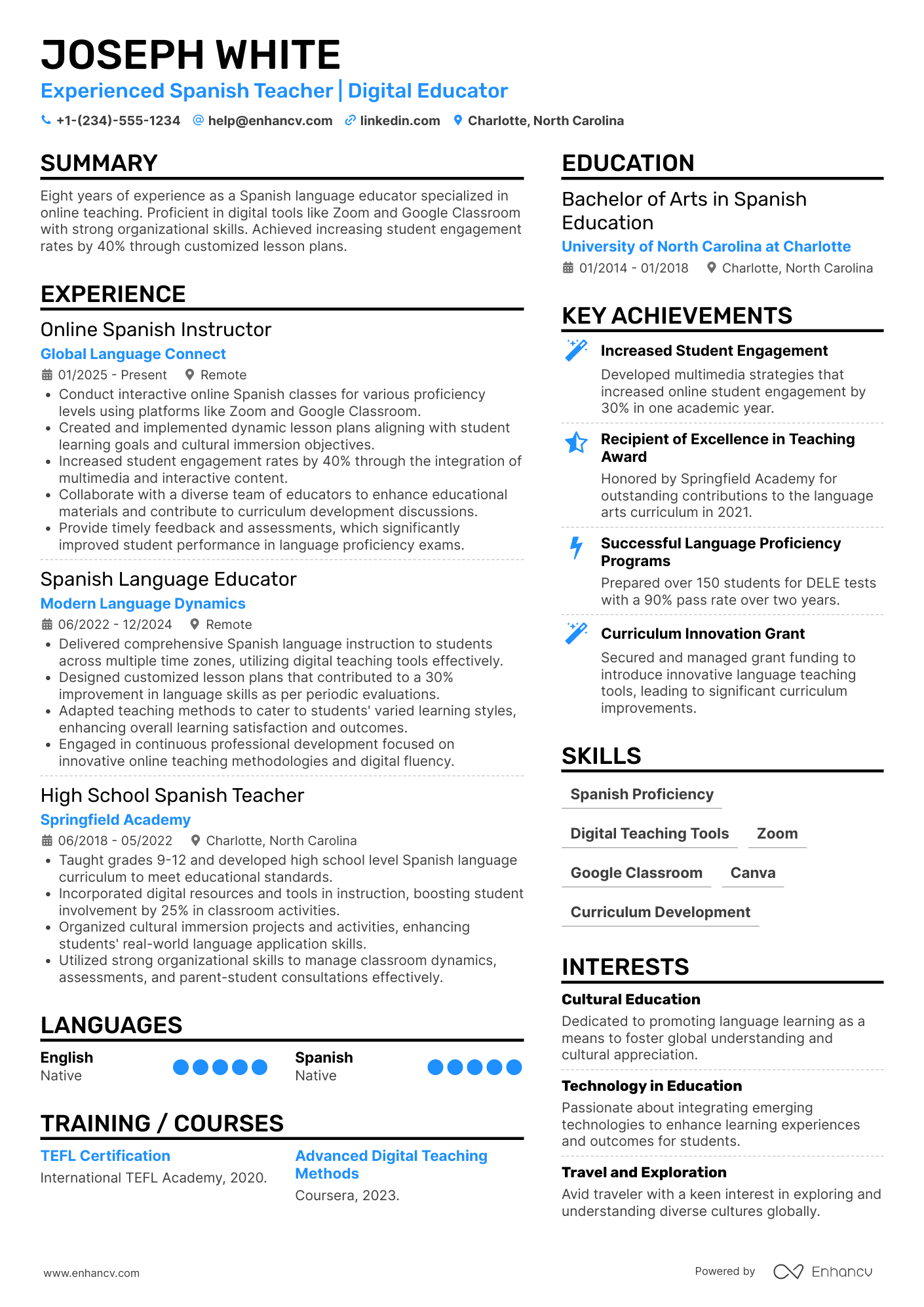 A resume example of a Online Foreign Language Teacher
