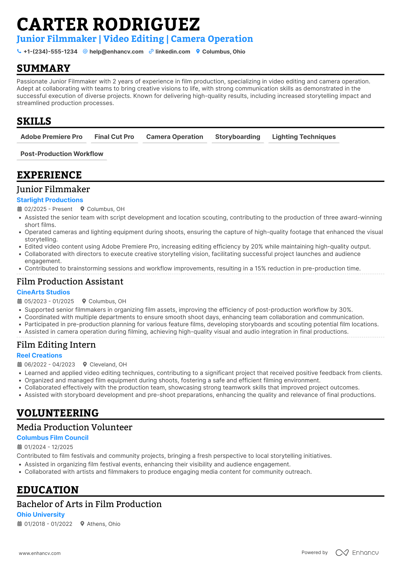 A resume example of a Junior Filmmaker
