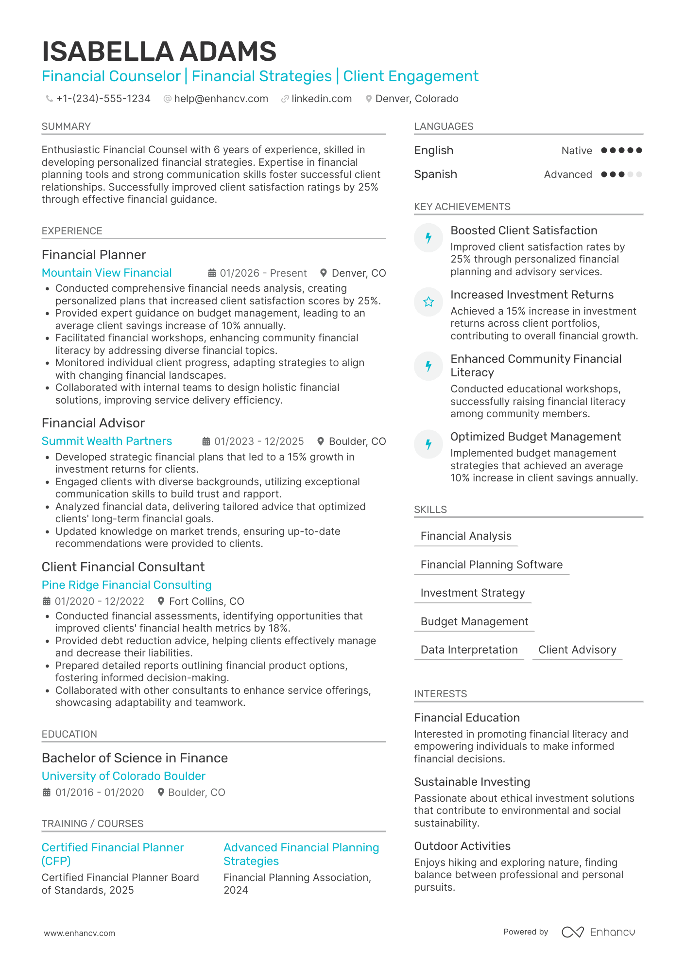 A resume example of a Financial Counsel