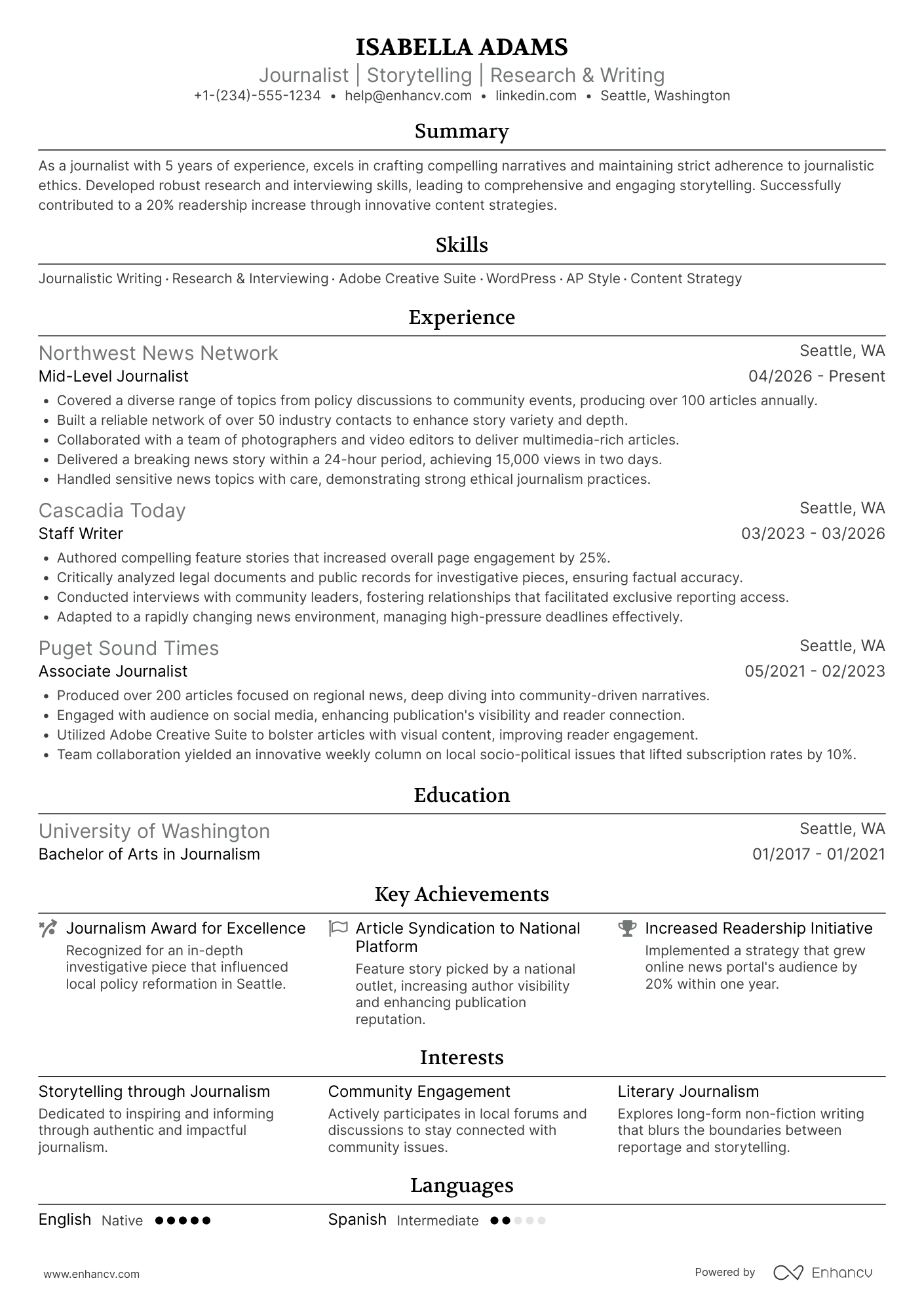 A resume example of a Mid Level Journalist