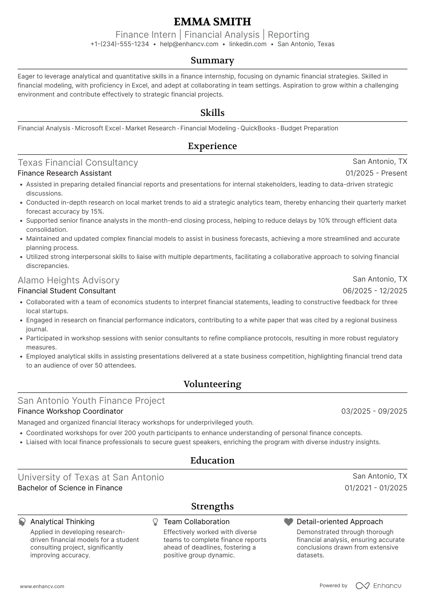 A resume example of a Finance Intern