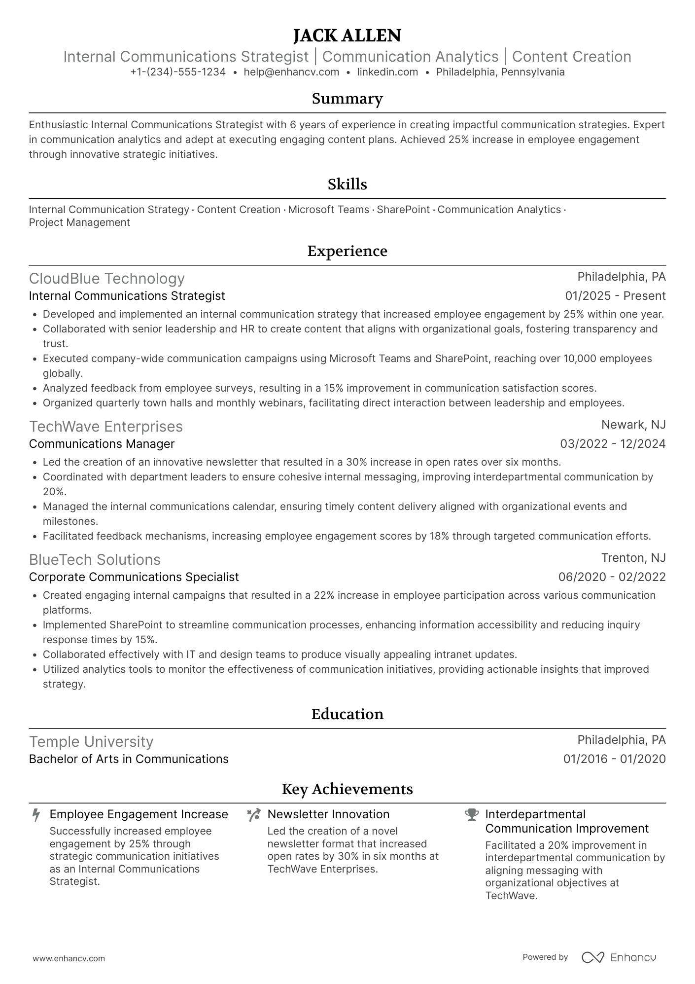 A resume example of a Internal Communications Strategist