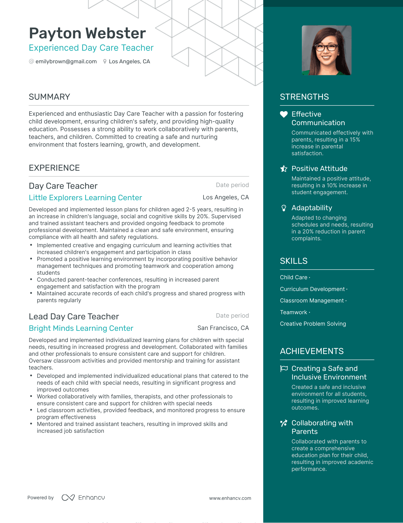 One Page Day Care Teacher Resume Template