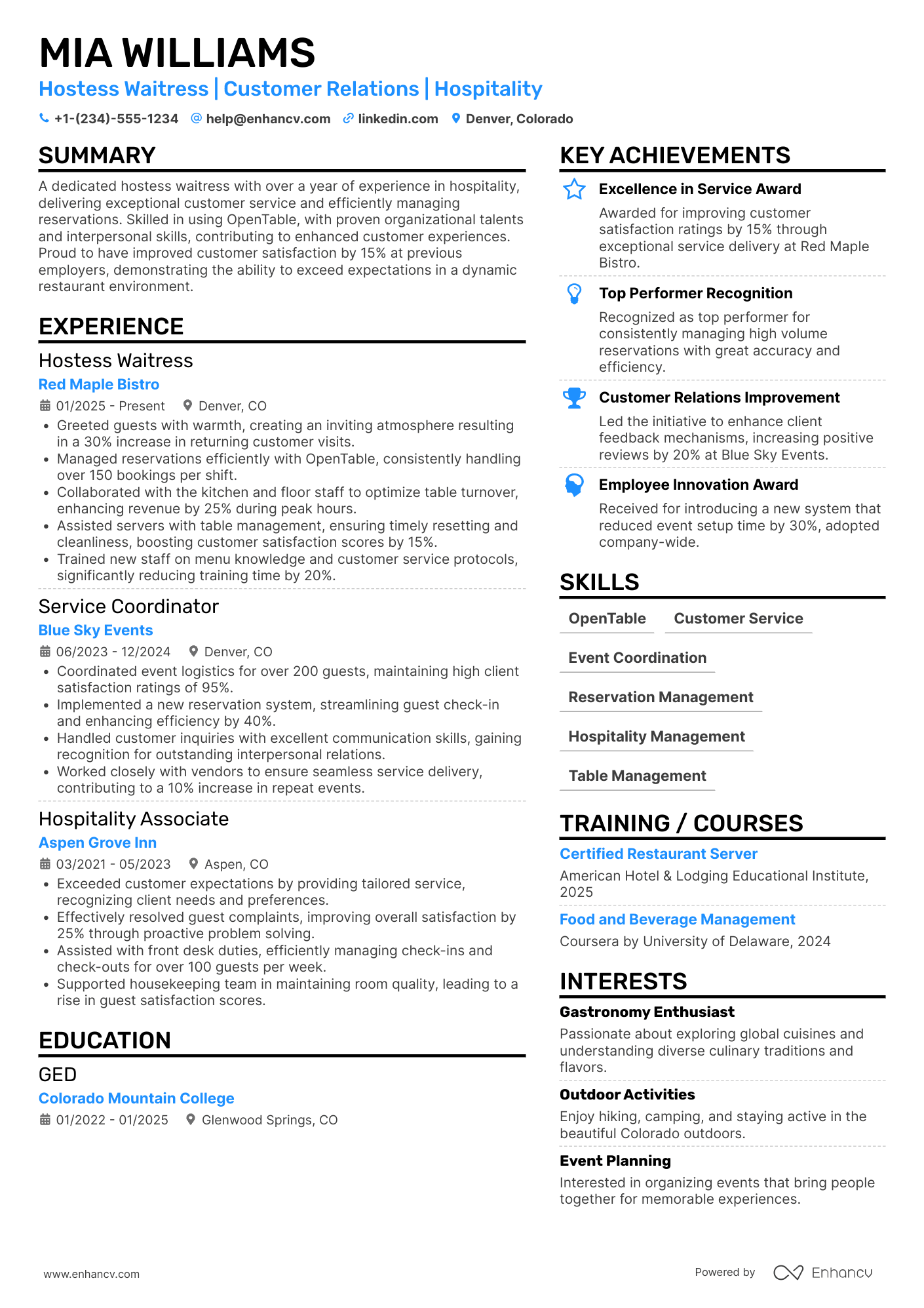 A resume example of a Hostess Waitress