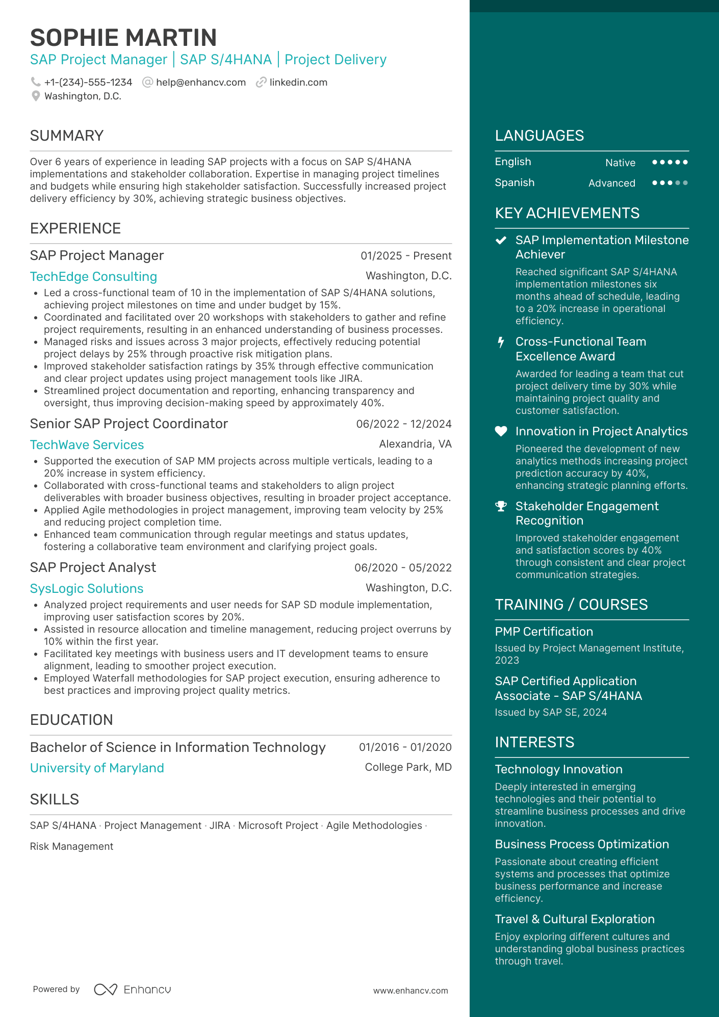 A resume example of a SAP Project Manager