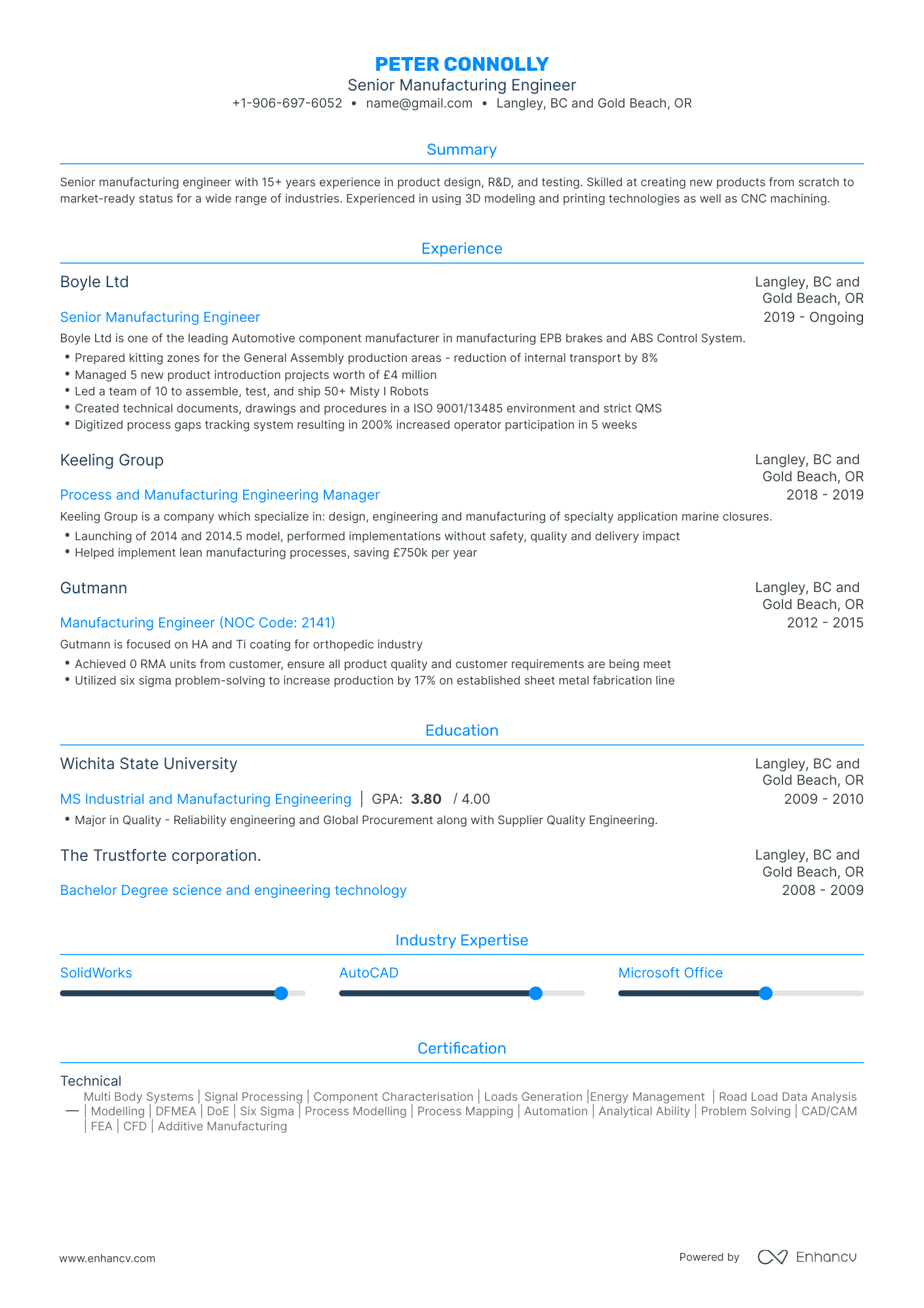 Traditional Manufacturing Engineer Resume Template